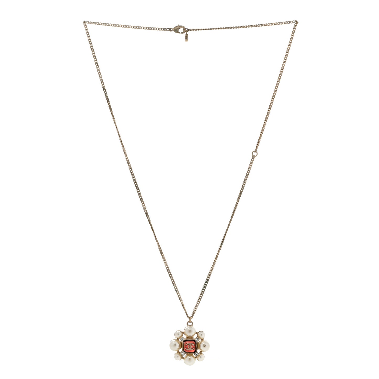 Gripoix Pearl Crystal CC Pendant Necklace Red Gold