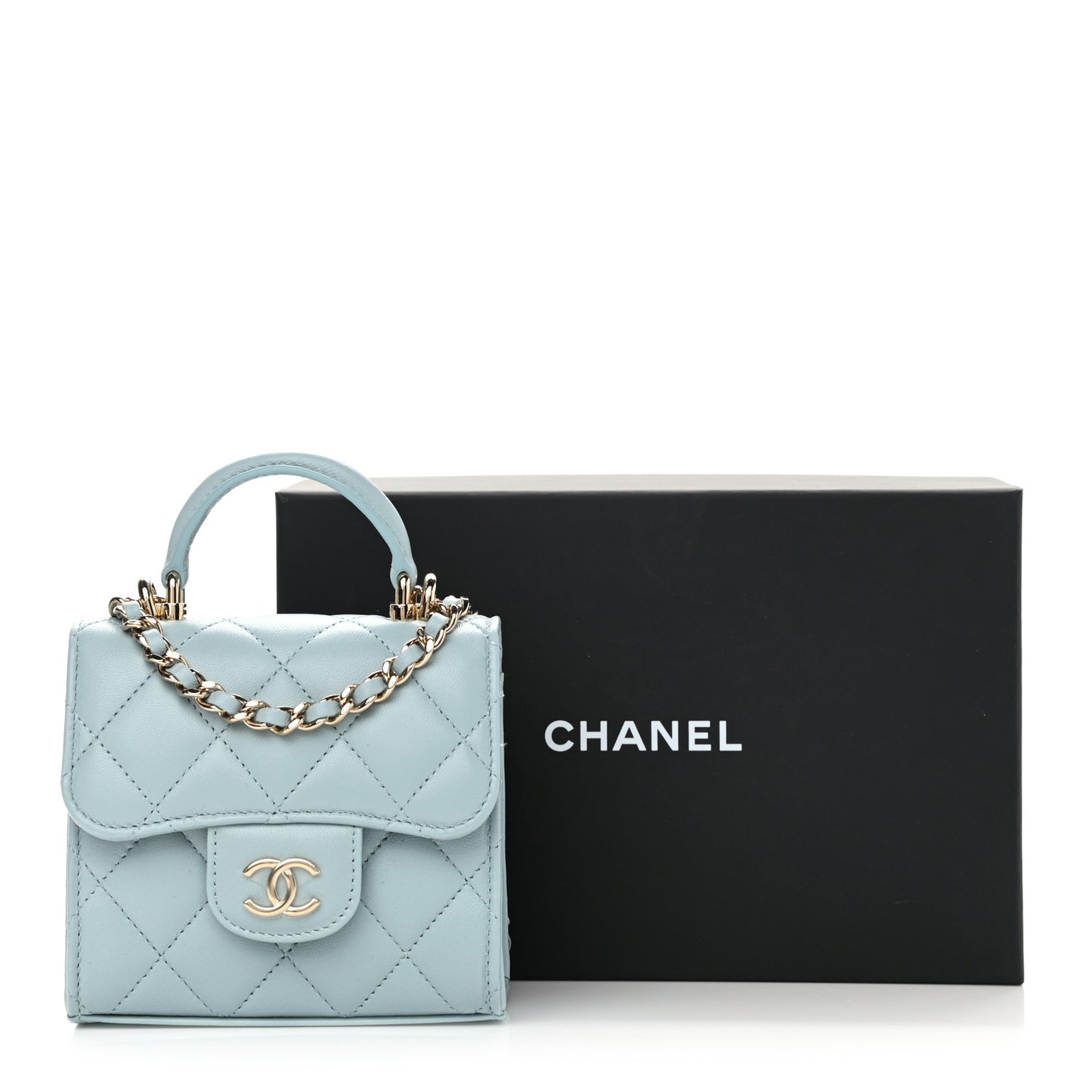 Lambskin Quilted Top Handle Flap Clutch With Chain Light Blue