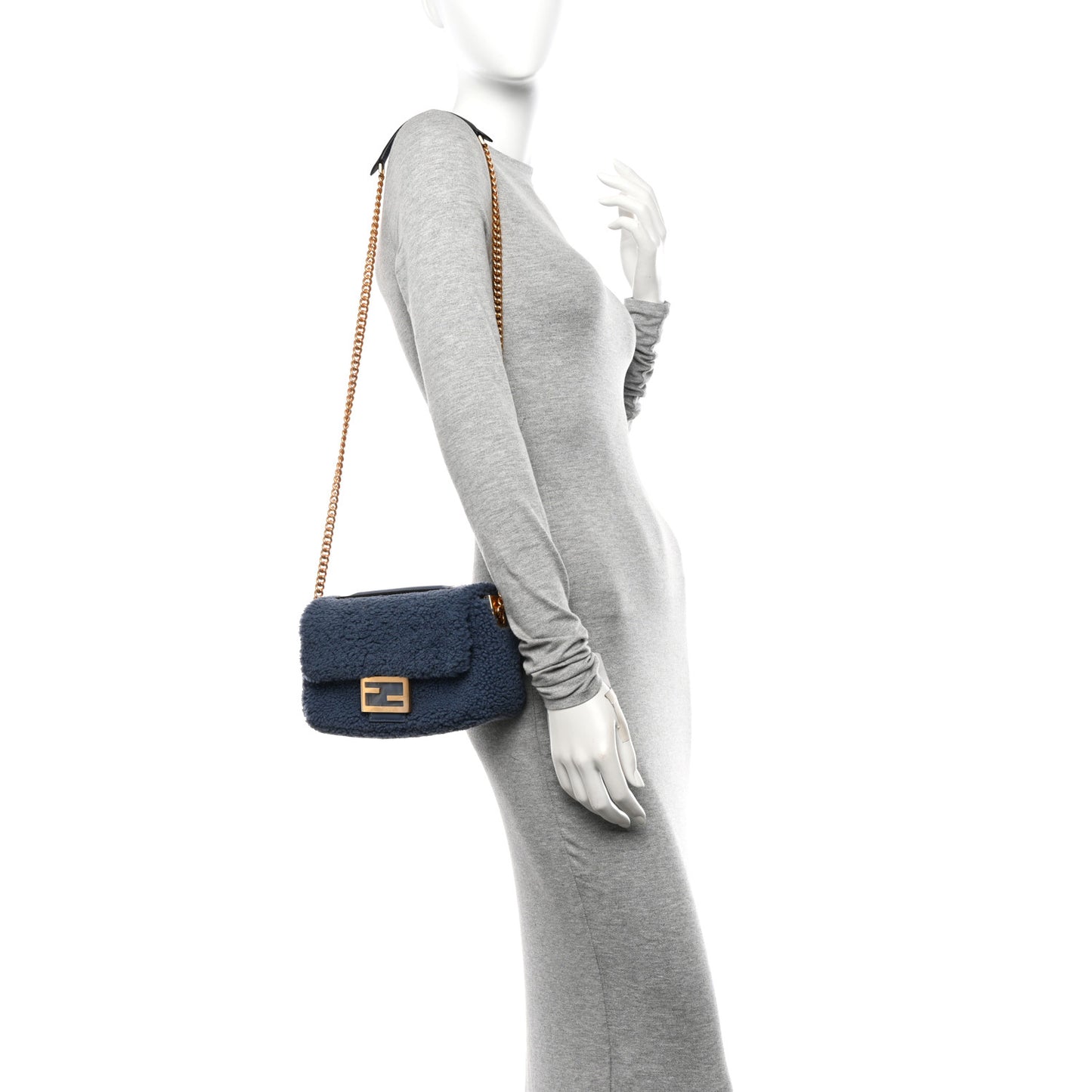 Shearling Lambskin FF Midi Chain Baguette Mirto