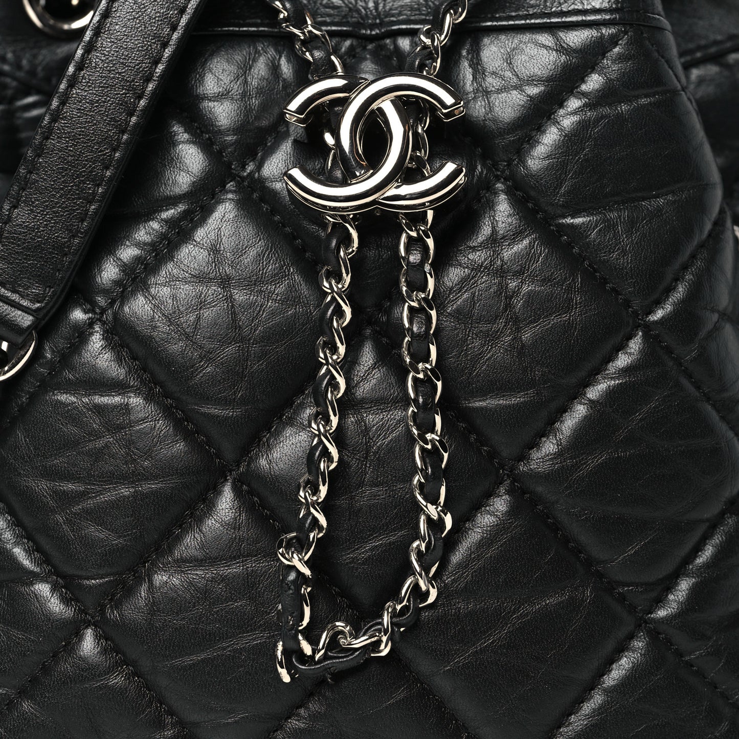 Crumpled Calfskin Quilted Chain All Over Drawstring Bucket Bag Black