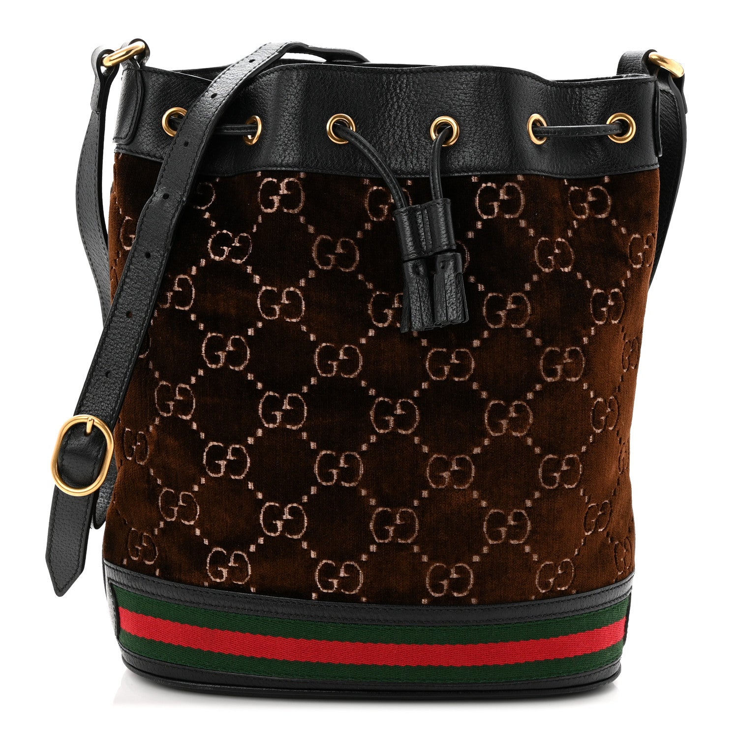 Gucci Velvet GG Monogram Textured Calfskin Web Bucket Bag Brown 