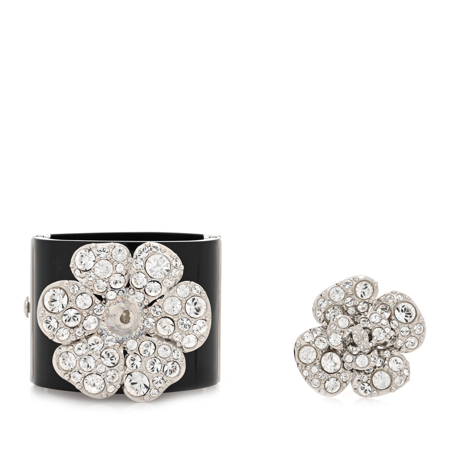 Chanel Resin Swarovski Crystal Camellia CC Cuff Black Silver 3 of 5