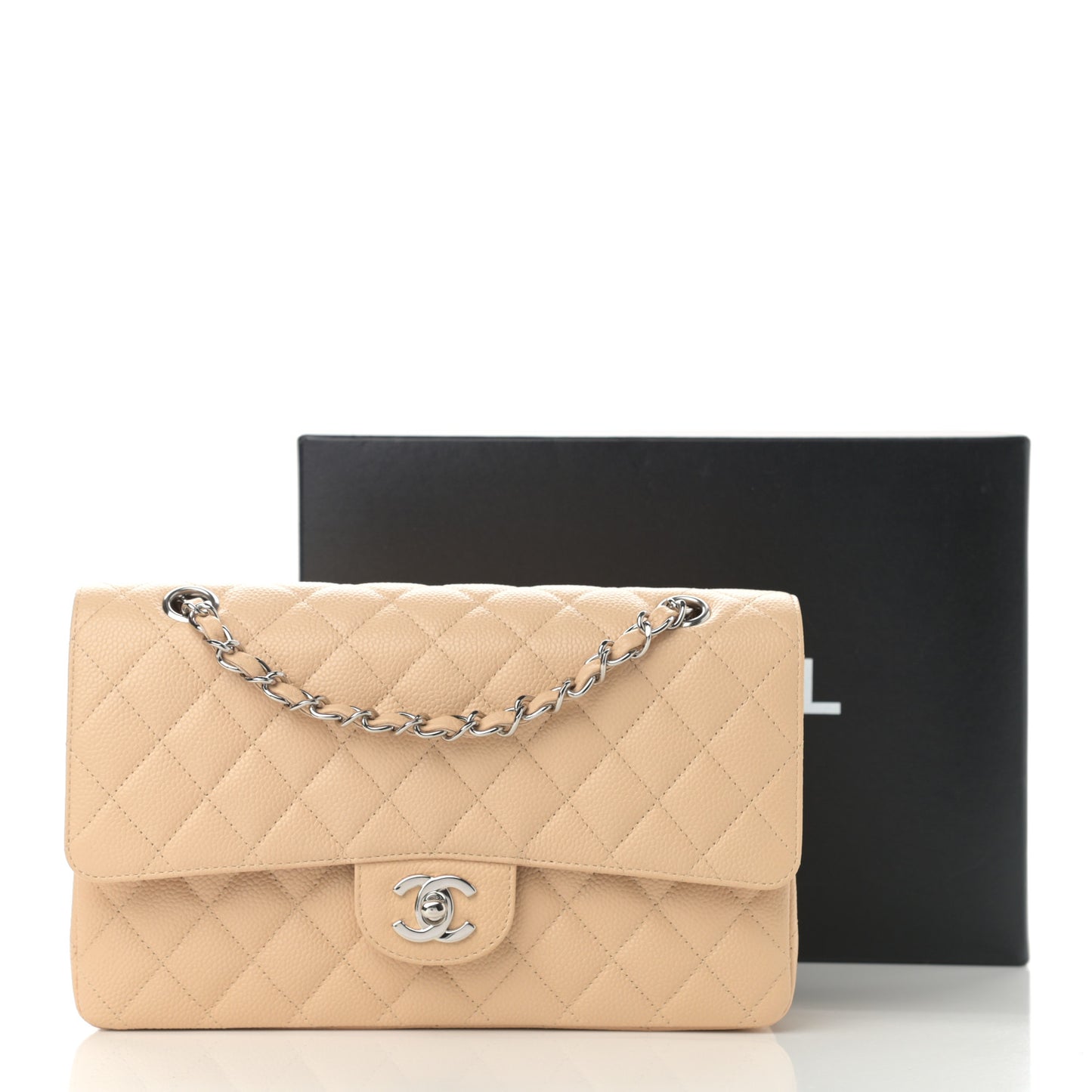 Caviar Quilted Medium Double Flap Light Beige