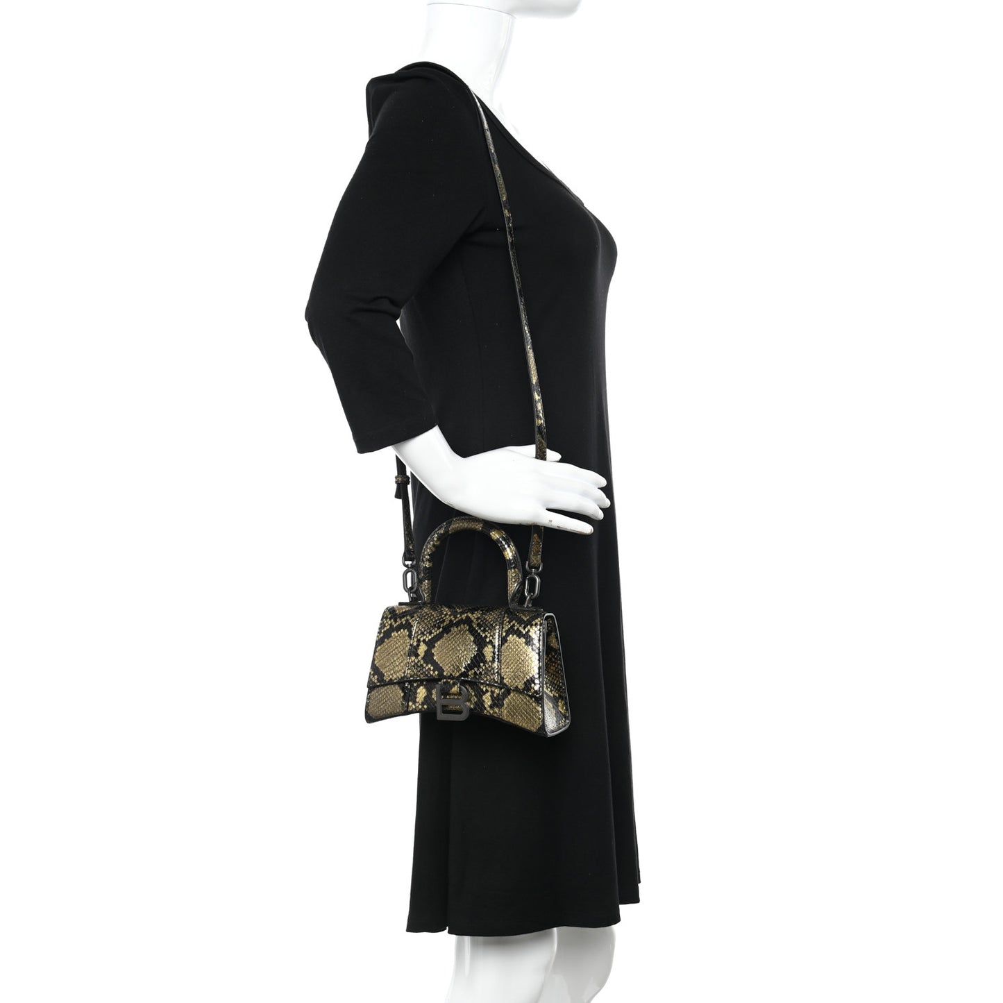 Shiny Calfskin Snakeskin Embossed Hourglass Top Handle Bag XS Gold Black