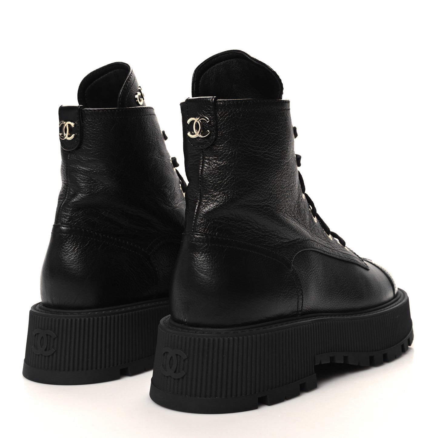 Grained Calfskin Shiny Calfskin CC Lace Up Combat Boots 40 Black