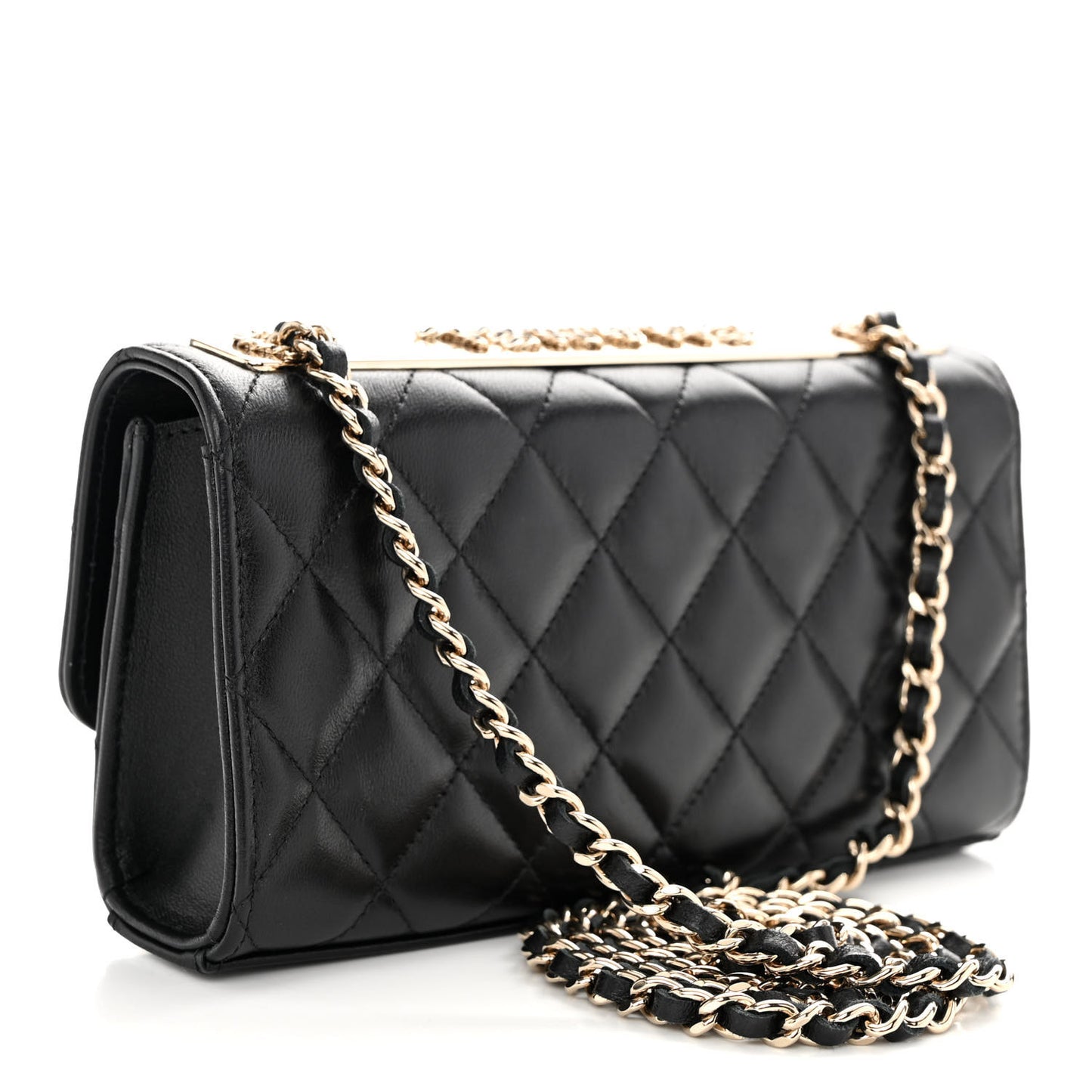 Lambskin Quilted Trendy CC Flap Phone Holder With Chain Black
