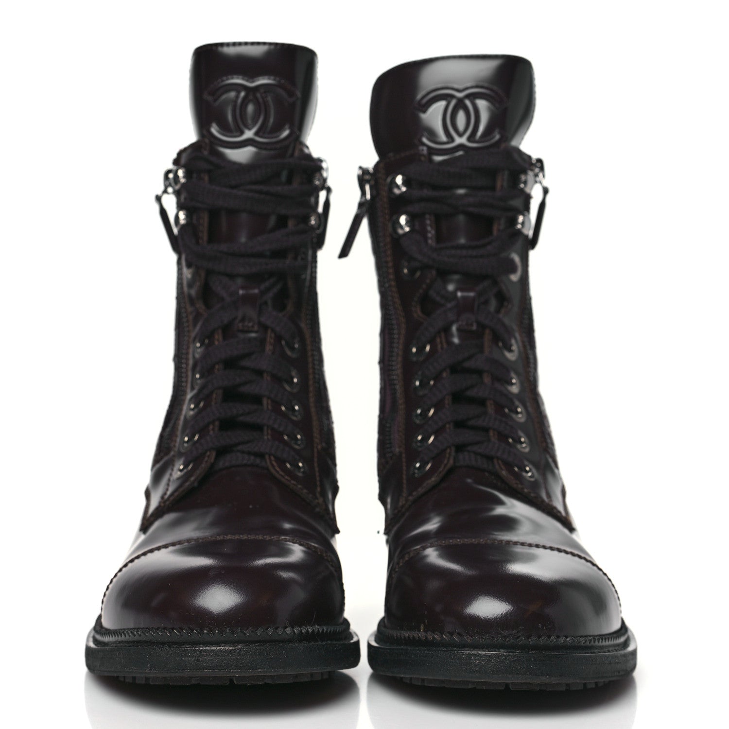 Chanel Shiny Calfskin Quilted CC Lace Up Combat Boots 40 Dark Burgundy 2 of 9