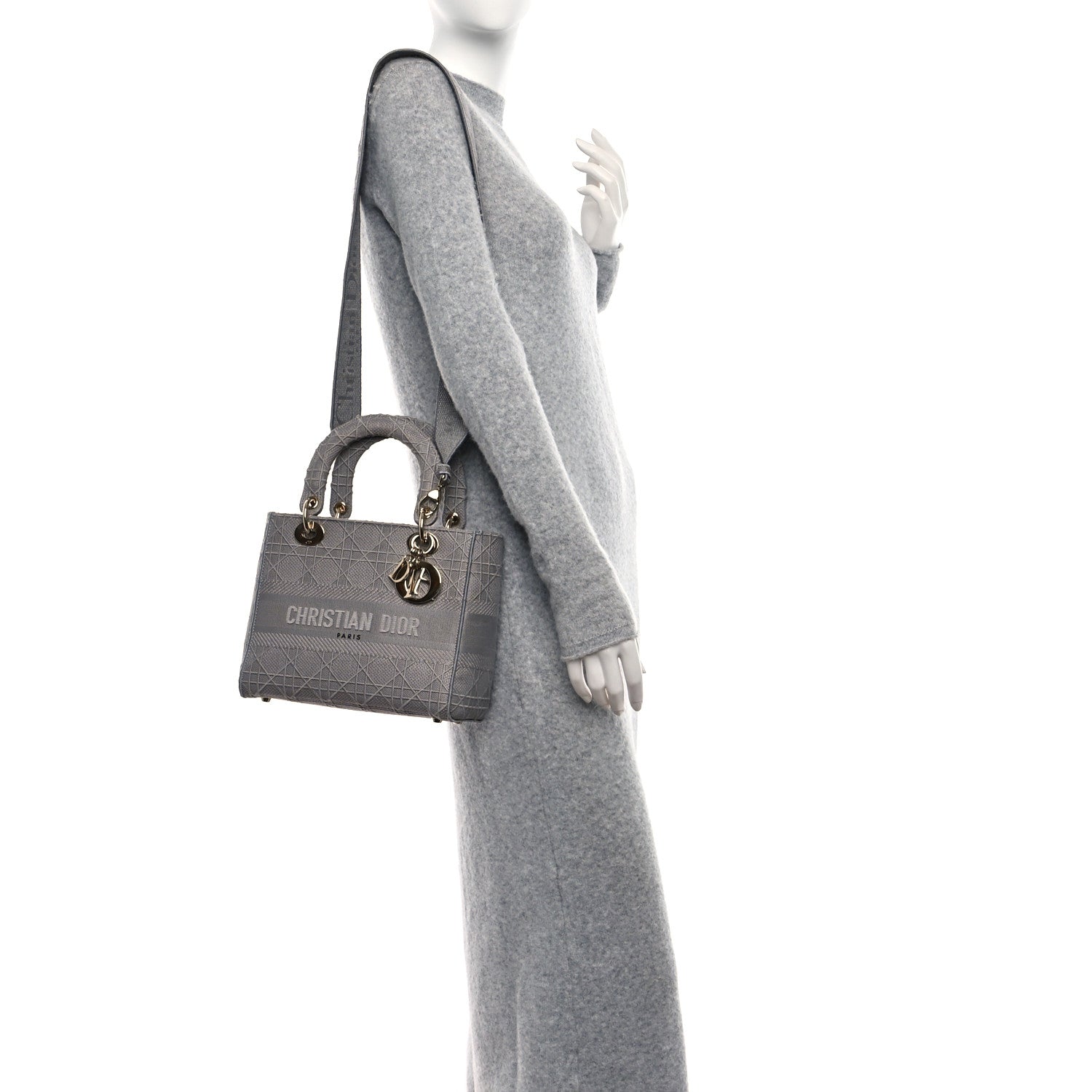 Christian Dior Canvas Embroidered Cannage Medium Lady D-Lite Gray 3 of 10