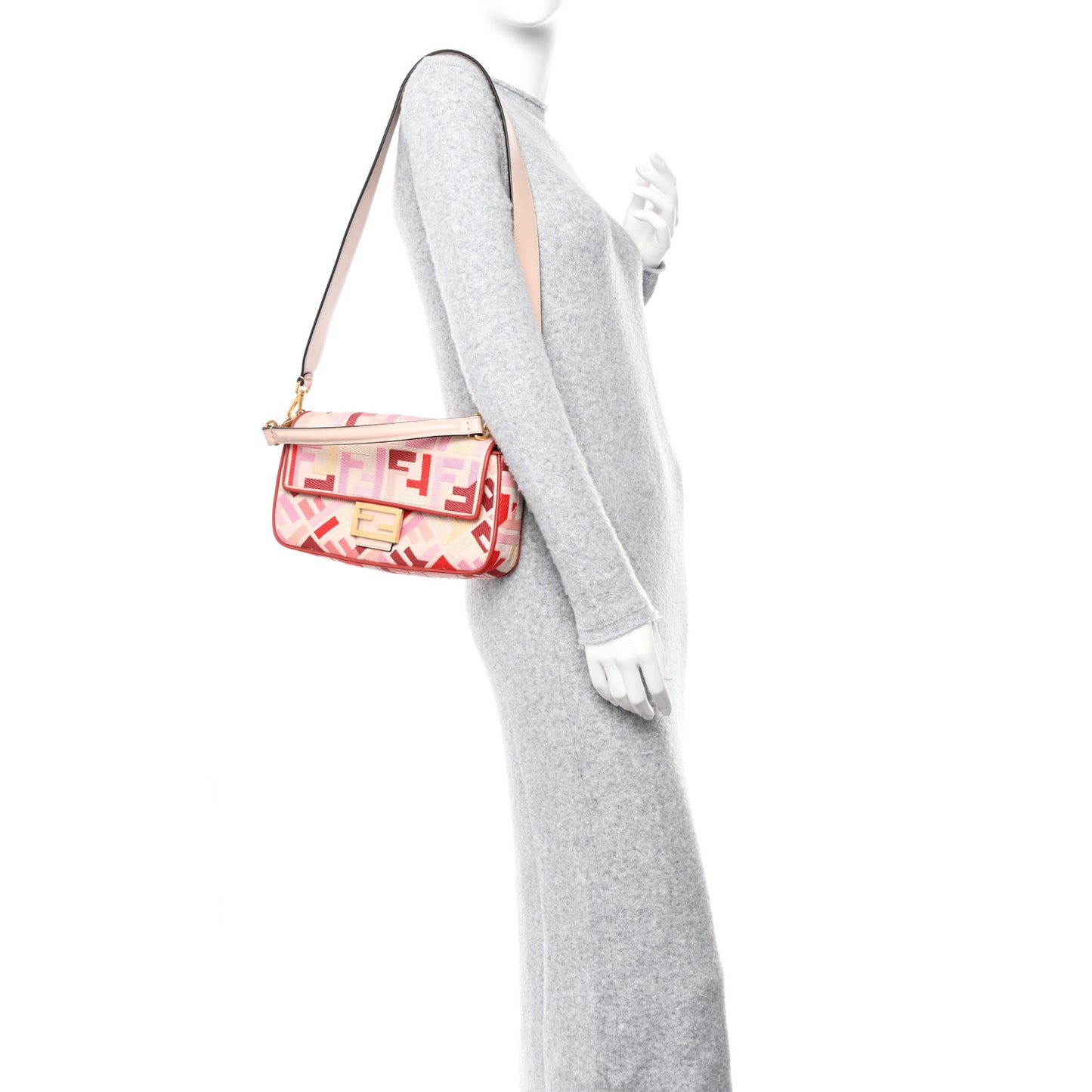 Canvas Vitello King FF Embroidered Baguette Rosa Quarzo Bloody Mary Multicolor