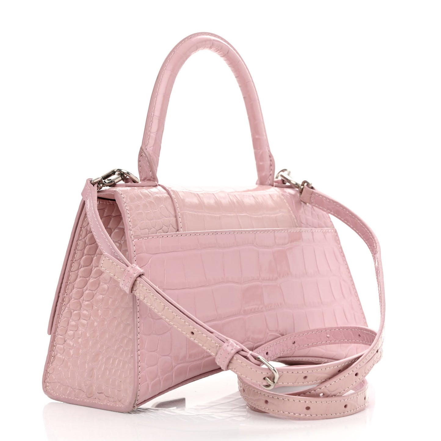 Shiny Calfskin Crocodile Embossed Small Hourglass Top Handle Bag Powder Pink