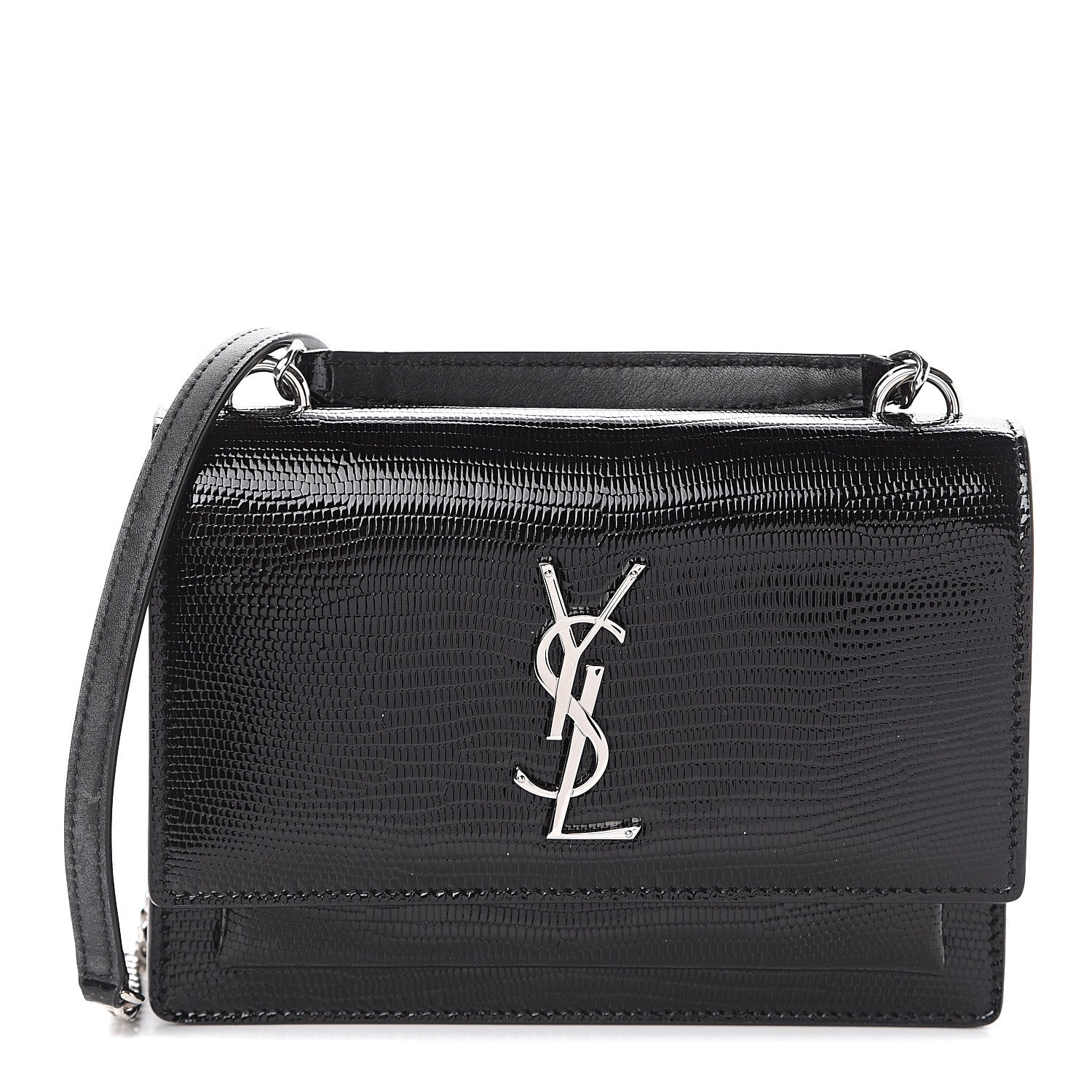 Saint Laurent Calfskin Lizard Embossed Monogram Sunset Chain Wallet Black 1 of 7