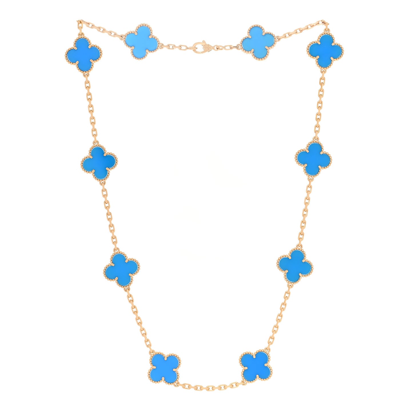 18K Yellow Gold Blue Agate 10 Motifs Vintage Alhambra Necklace