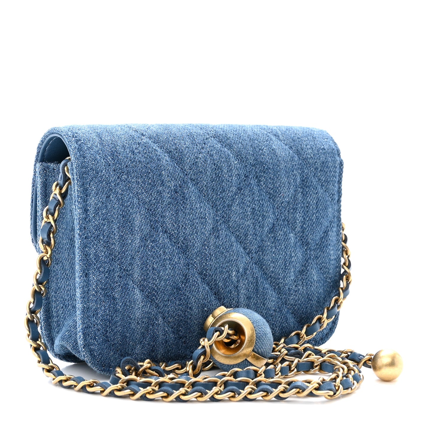 Denim Quilted CC Pearl Crush Clutch With Chain Blue