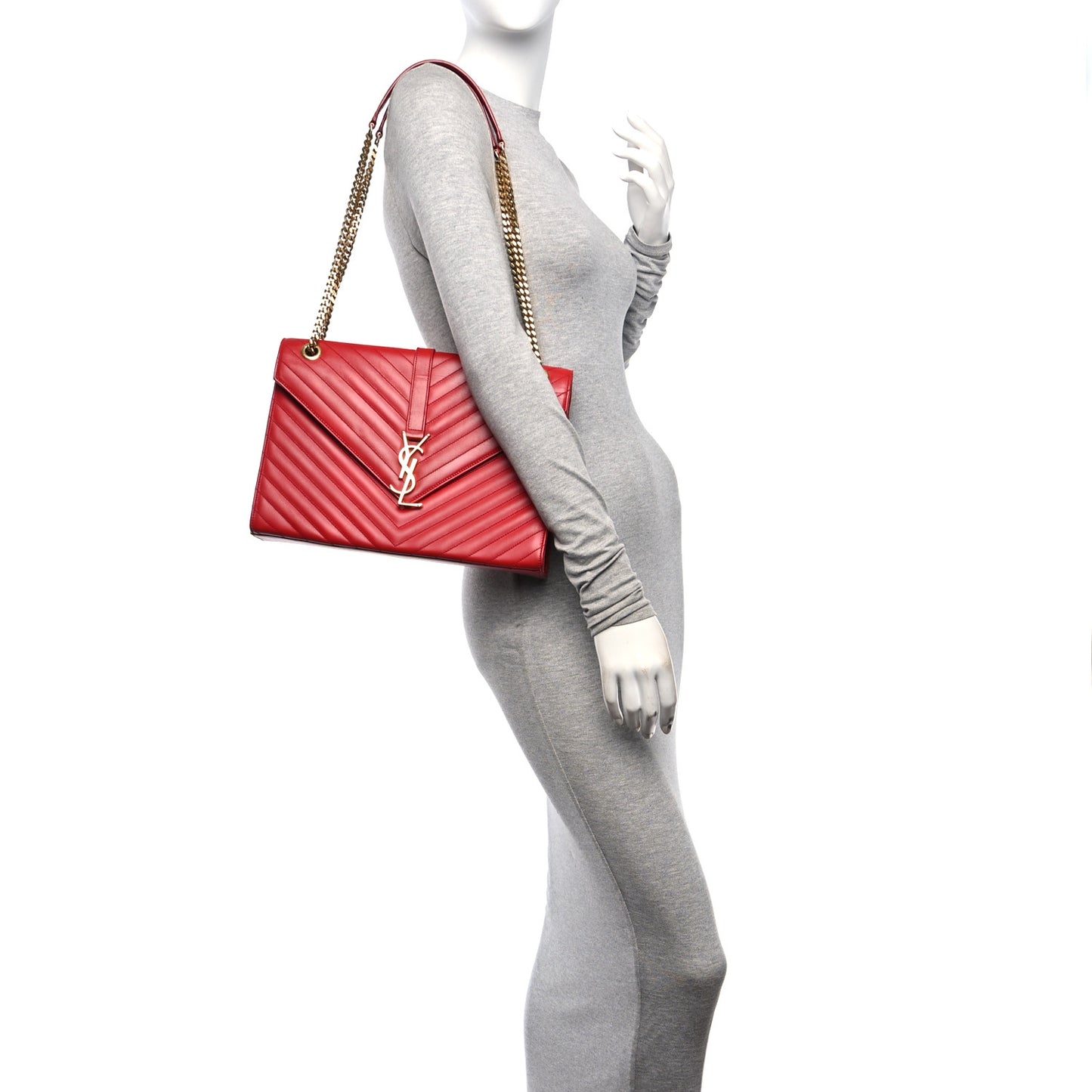 Grain De Poudre Matelasse Chevron Large Monogram Satchel Lipstick Red