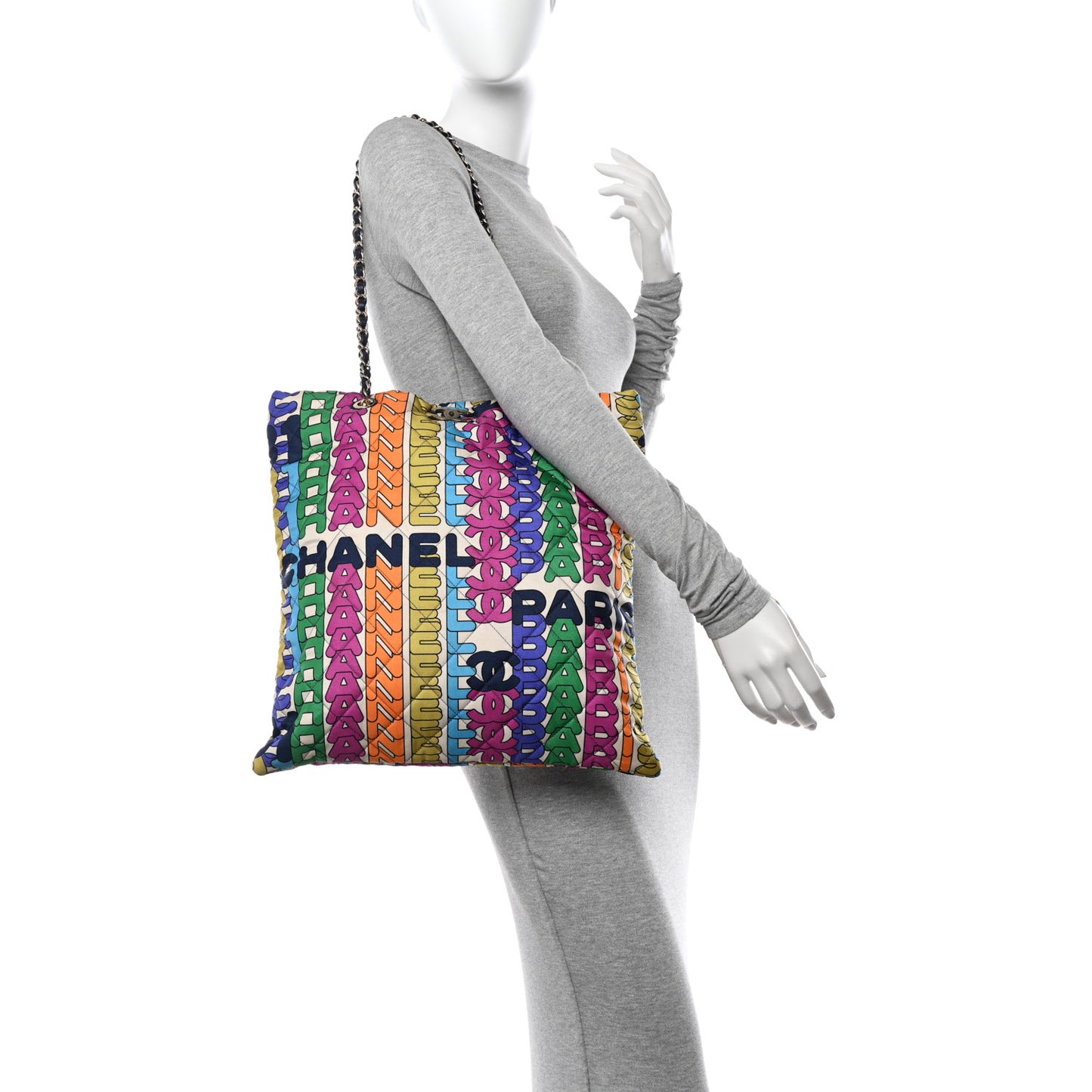 Printed Fabric Quilted Logo Large Shopping Tote Multicolor