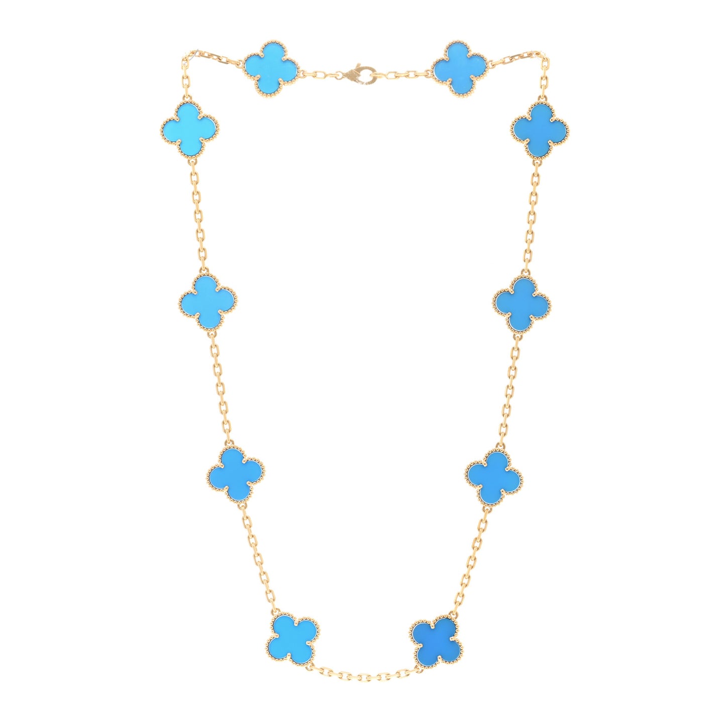 18K Yellow Gold Blue Agate 10 Motifs Vintage Alhambra Necklace