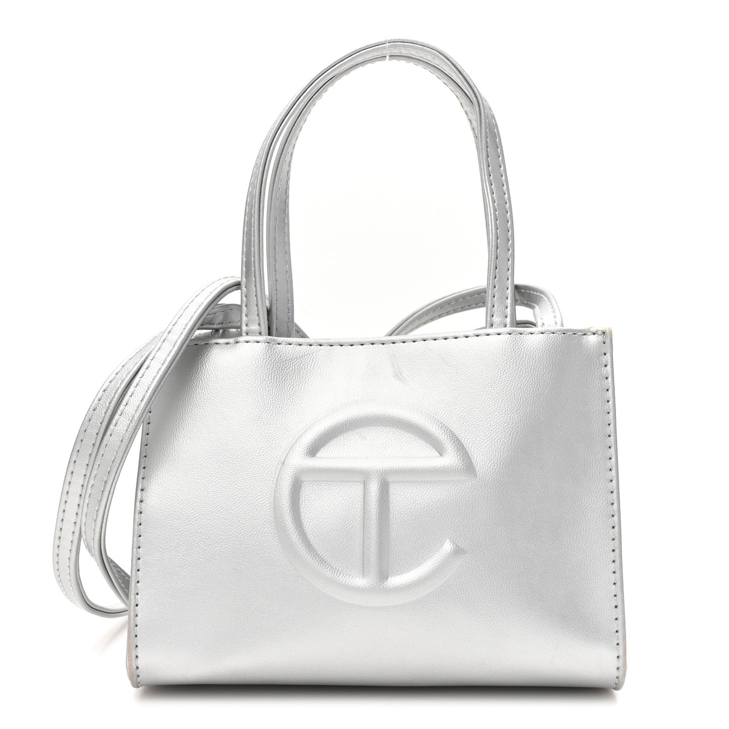 Metallic Vegan Leather Small Shopping Bag Silver