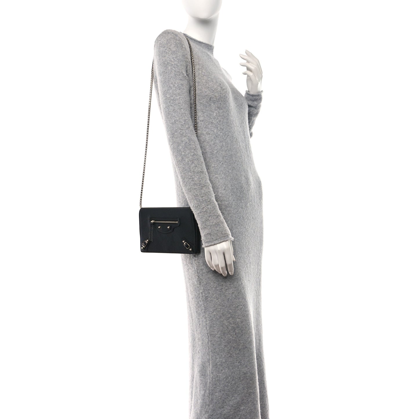 Grained Calfskin Classic Silver Hardware Wallet on Chain Black