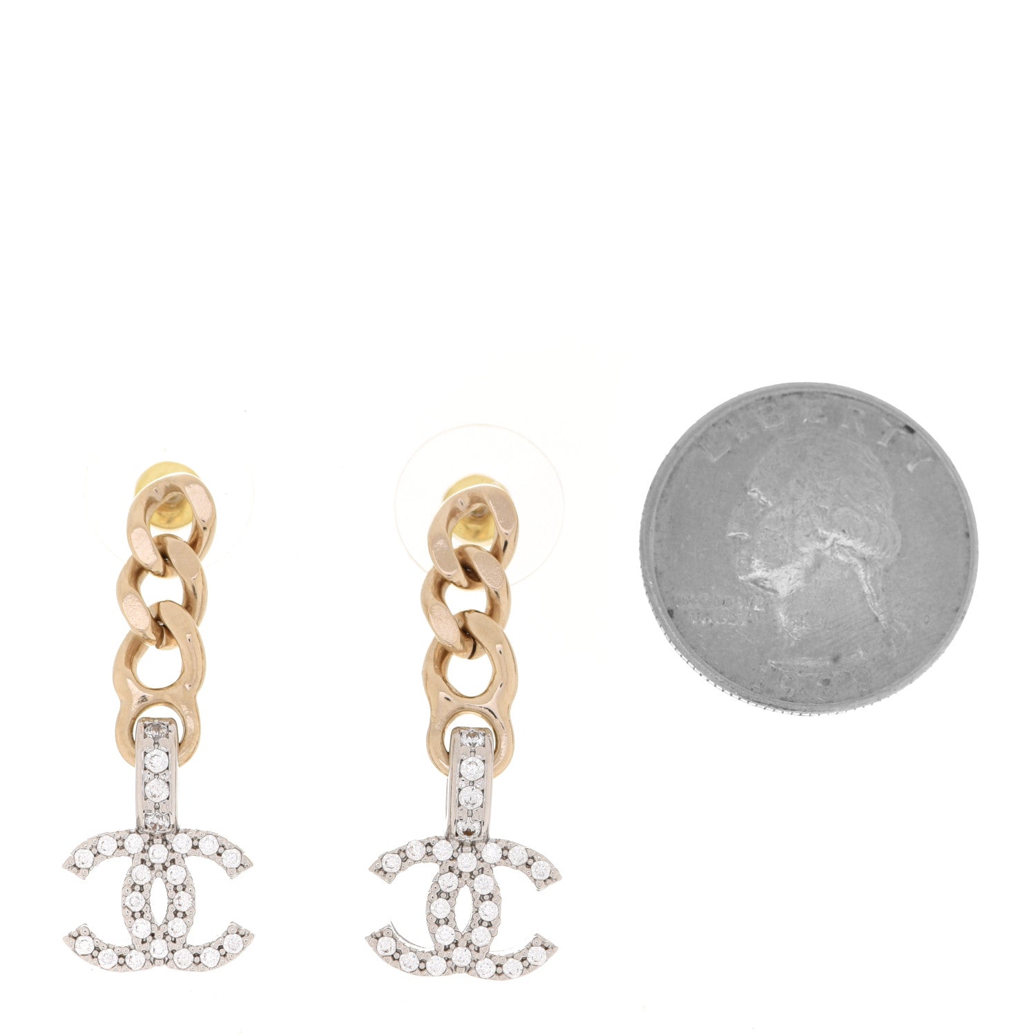 Chanel Metal Crystal CC Chain Drop Earrings Gold 2 of 4