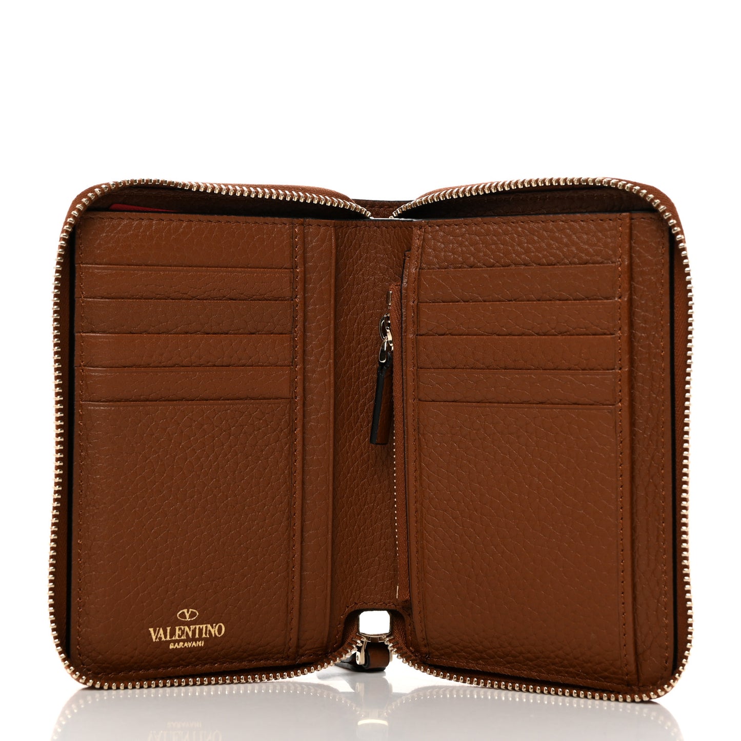 Pebbled Calfskin Rockstud Compact Zip Around Wallet Bright Cognac