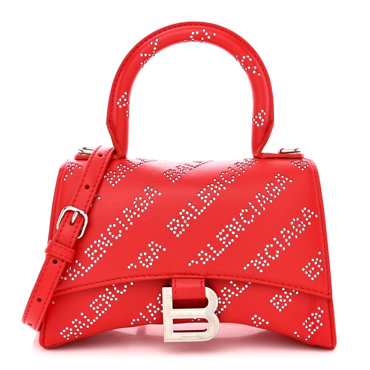 Smooth Calfskin Crystal Diagonal Allover Logo Hourglass Top Handle Bag XS Flame