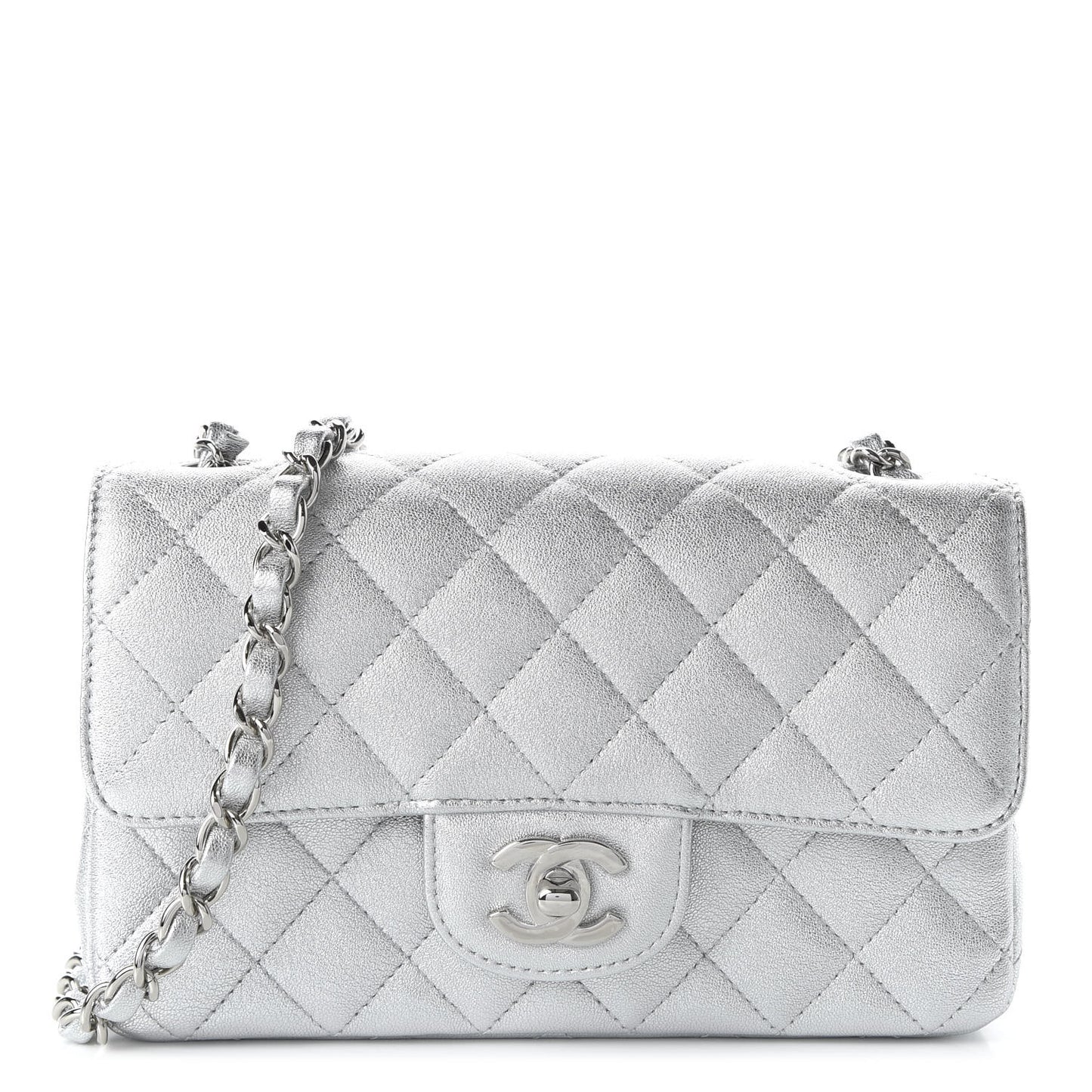 Metallic Lambskin Quilted Mini Rectangular Flap Silver