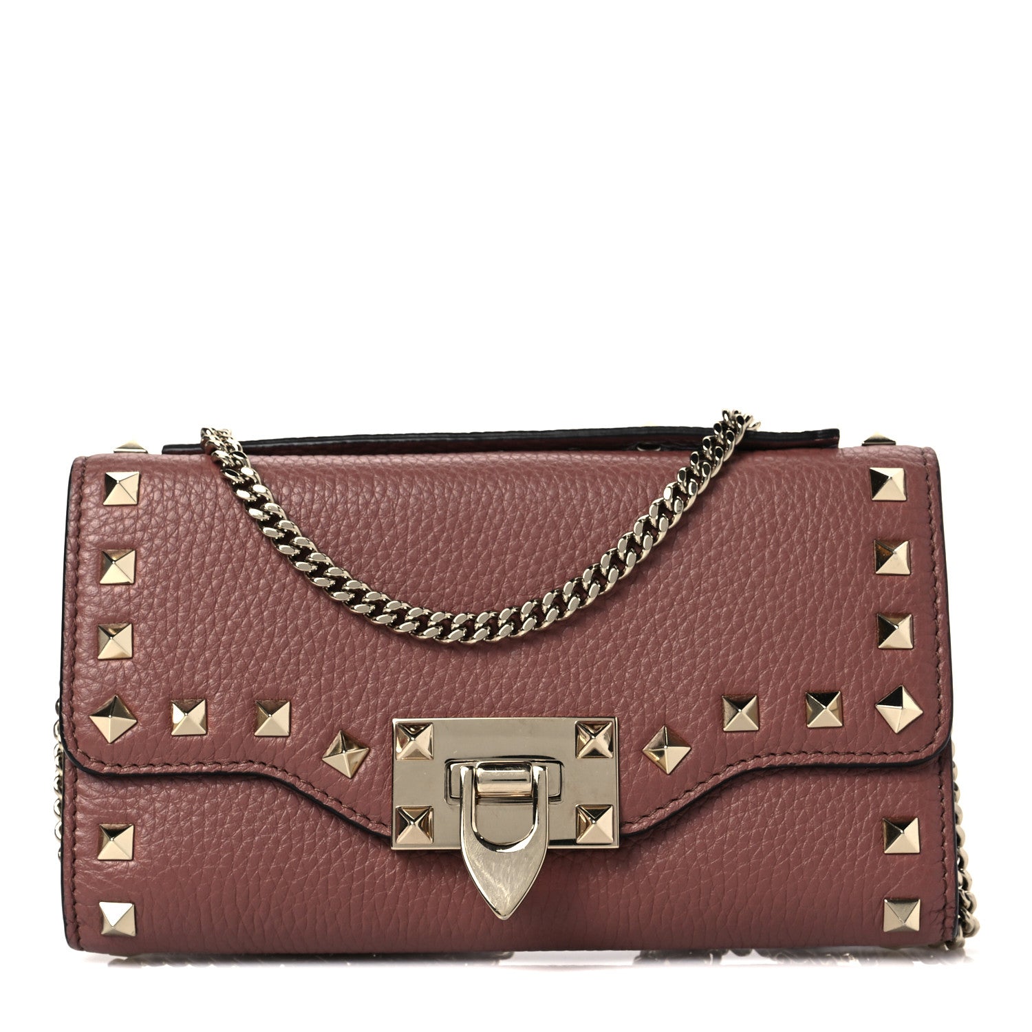 Valentino Garavani Pebbled Calfskin Rockstud Flip Lock Wallet On Chain English Rose 1 of 8