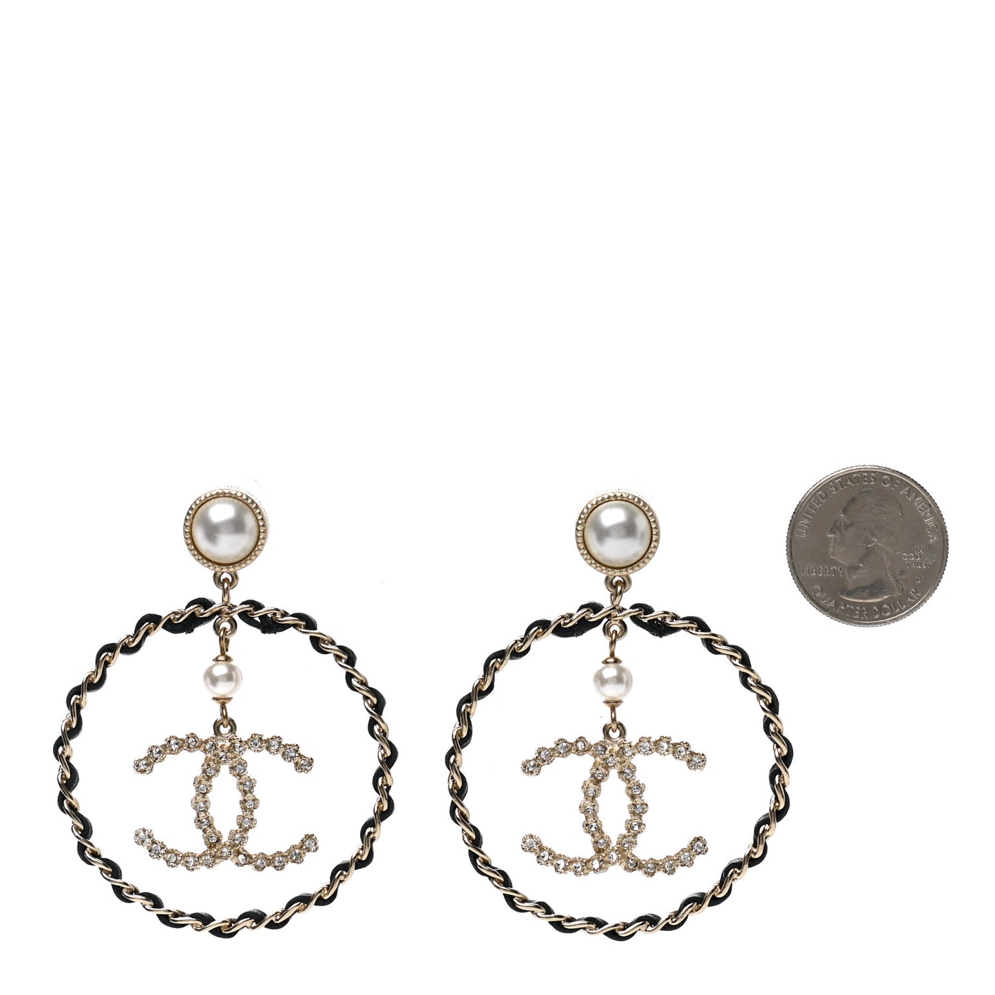 Lambskin Crystal Pearl CC Chain Hoop Earrings Gold Black