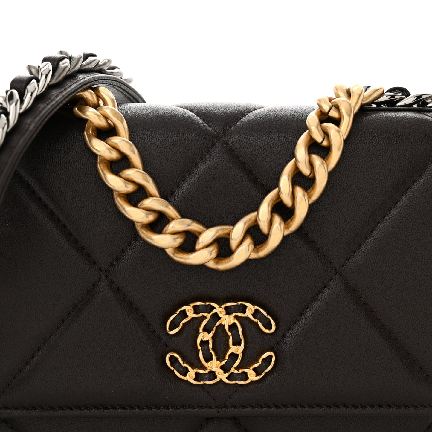 Lambskin Quilted Chanel 19 Wallet On Chain WOC Dark Brown