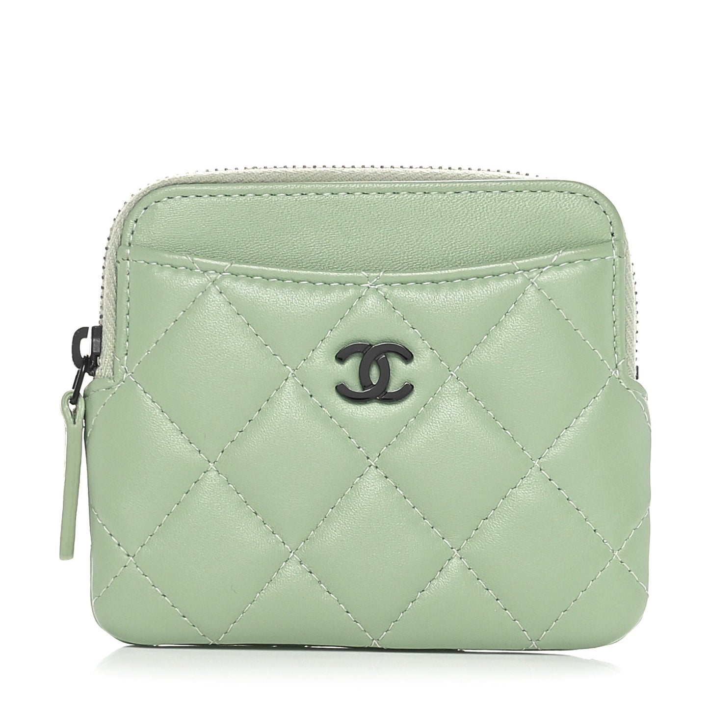 Lambskin Quilted Zip Card Holder Wallet Green