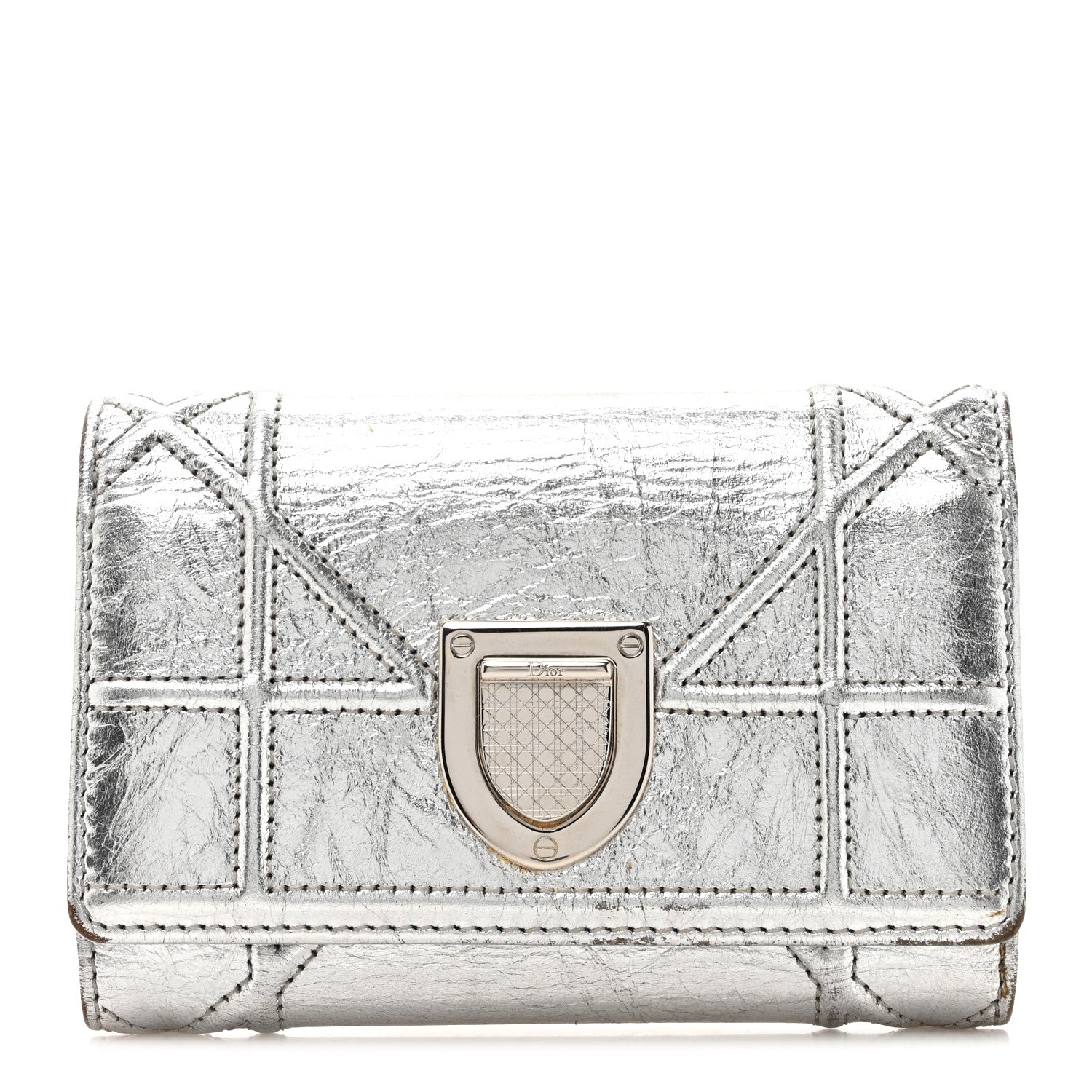 Christian Dior Ceramic Effect Deerskin Cannage Diorama Elancee Wallet Silver 1 of 13