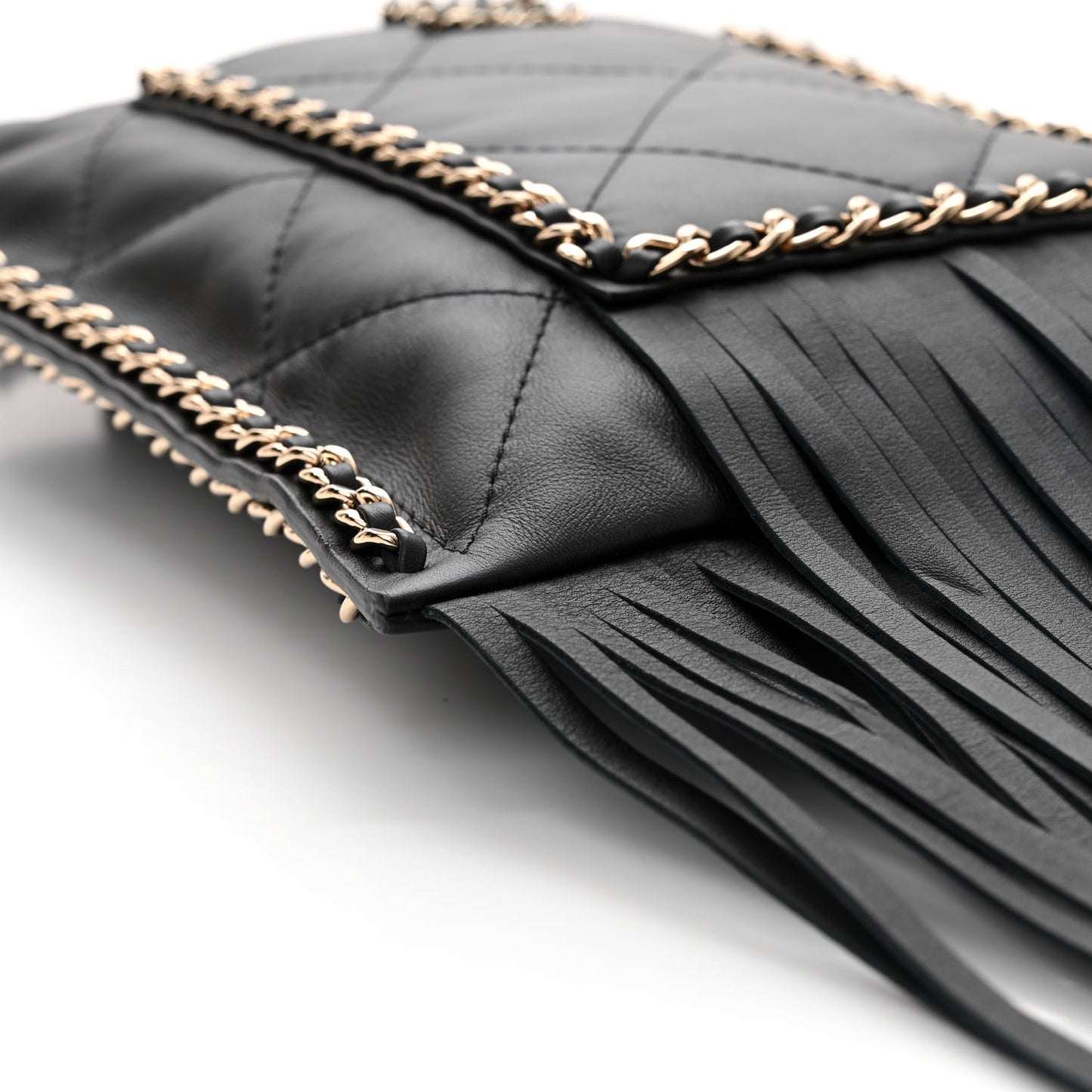 Calfskin Quilted Fringe Small Shopping Bag Black