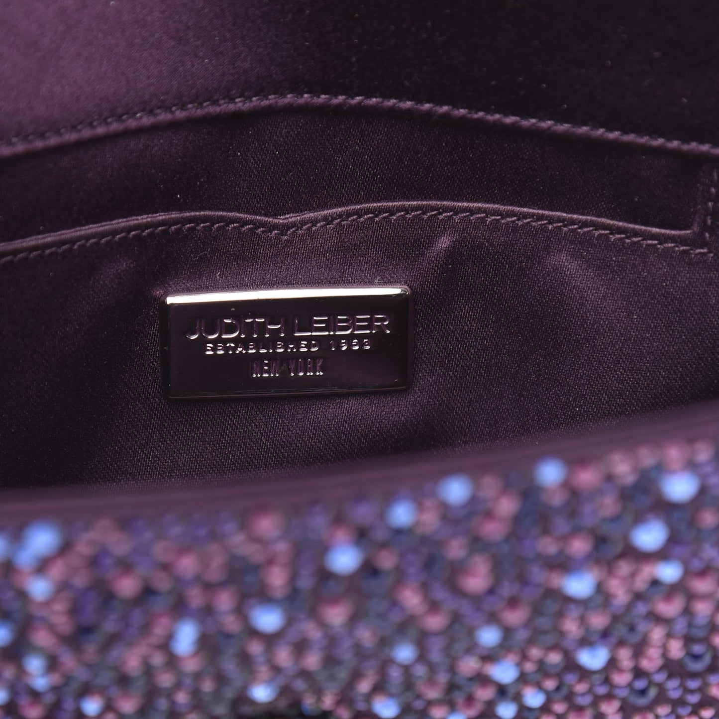 Satin Crystal Chain Clutch Purple