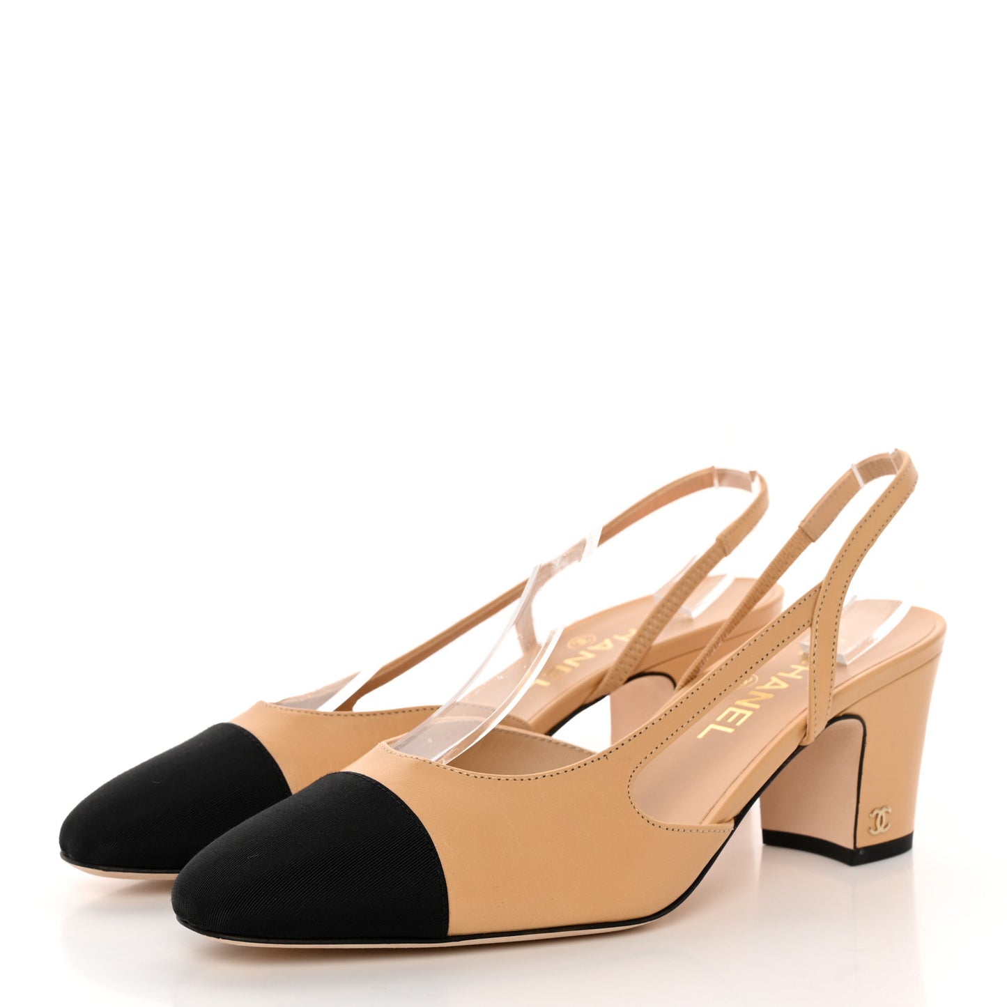 Goatskin Grosgrain Cap Toe CC Slingback Pumps 40 Beige Black