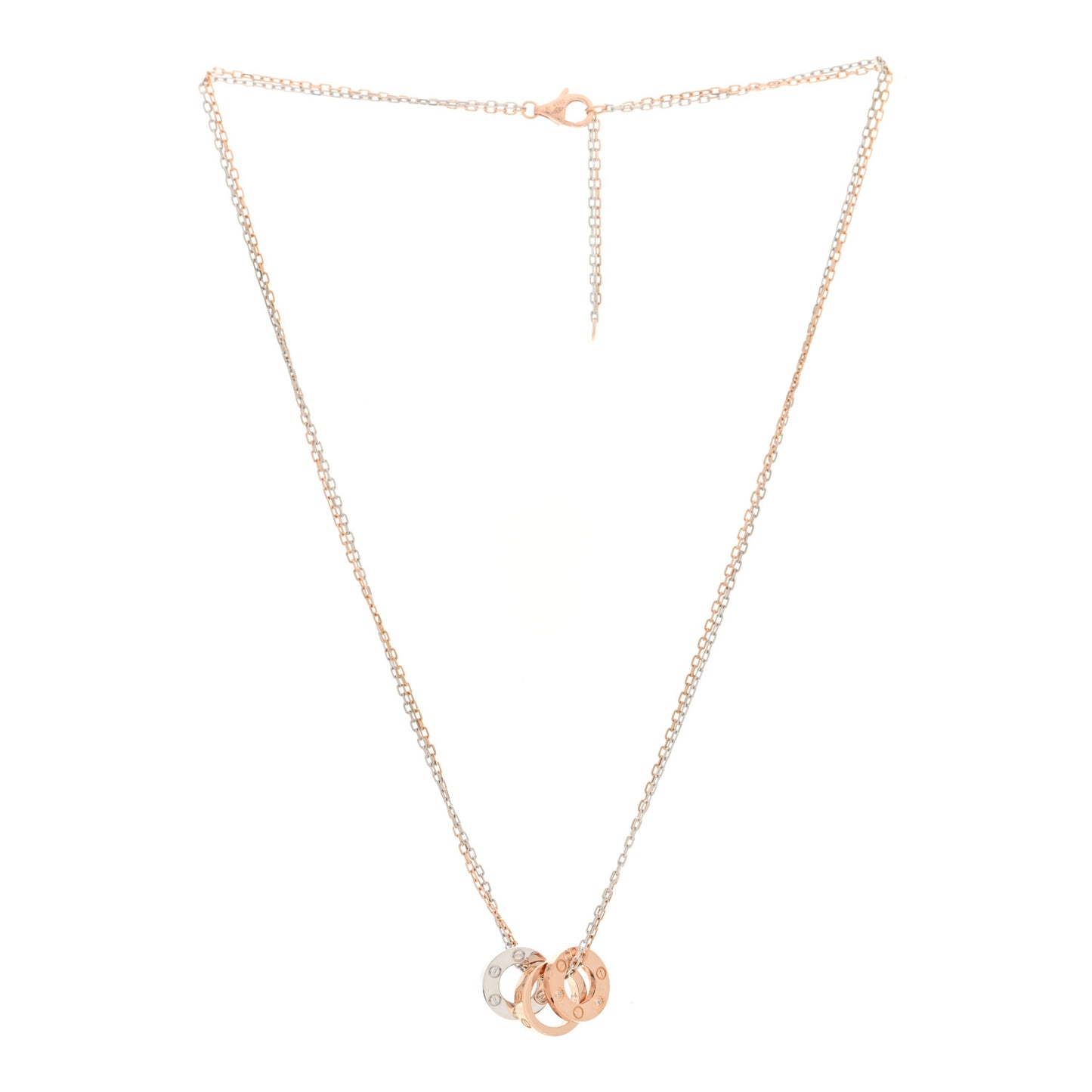 18K White Pink Gold Diamond Three Ring LOVE Pendant Necklace