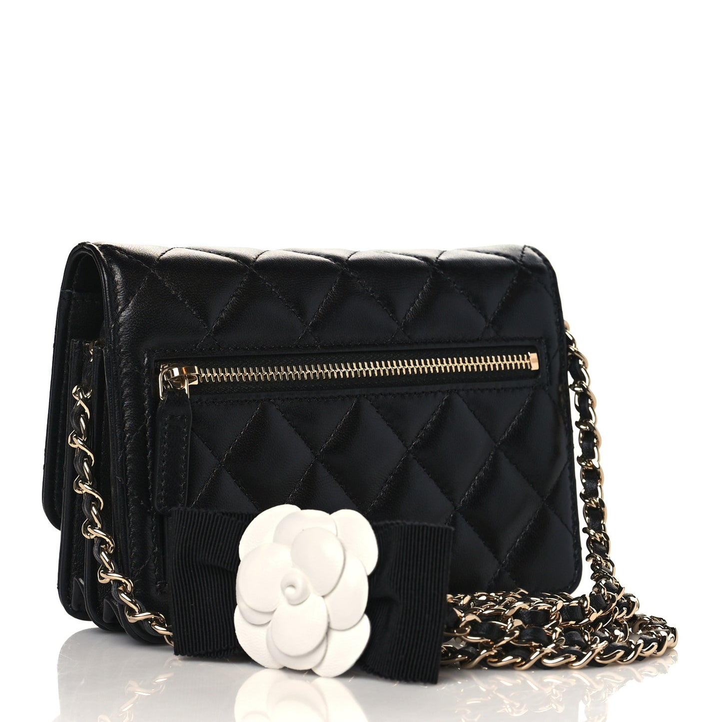 Lambskin Quilted Mini Camellia Bow Wallet On Chain WOC Black