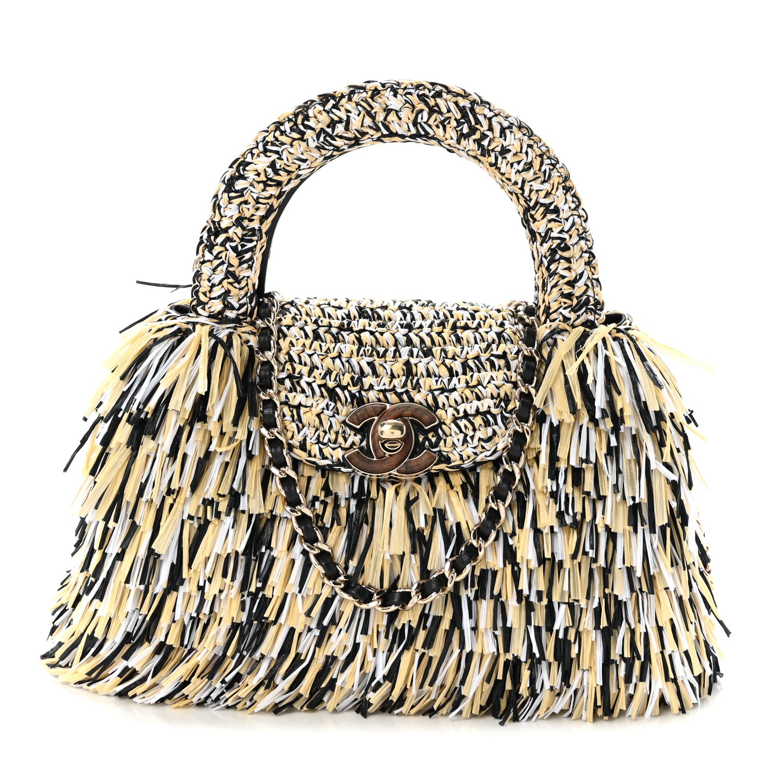 Chanel Raffia Fringe Nano Kelly Shopper Yellow Beige Black 1919044