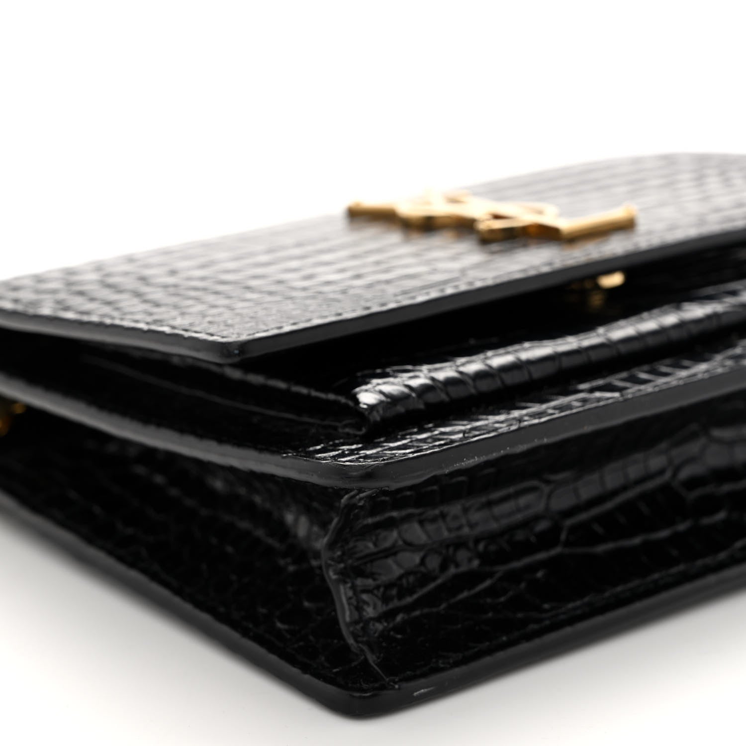 Saint Laurent Calfskin Crocodile Embossed Monogram Sunset Top Handle Chain Wallet Black 8 of 11