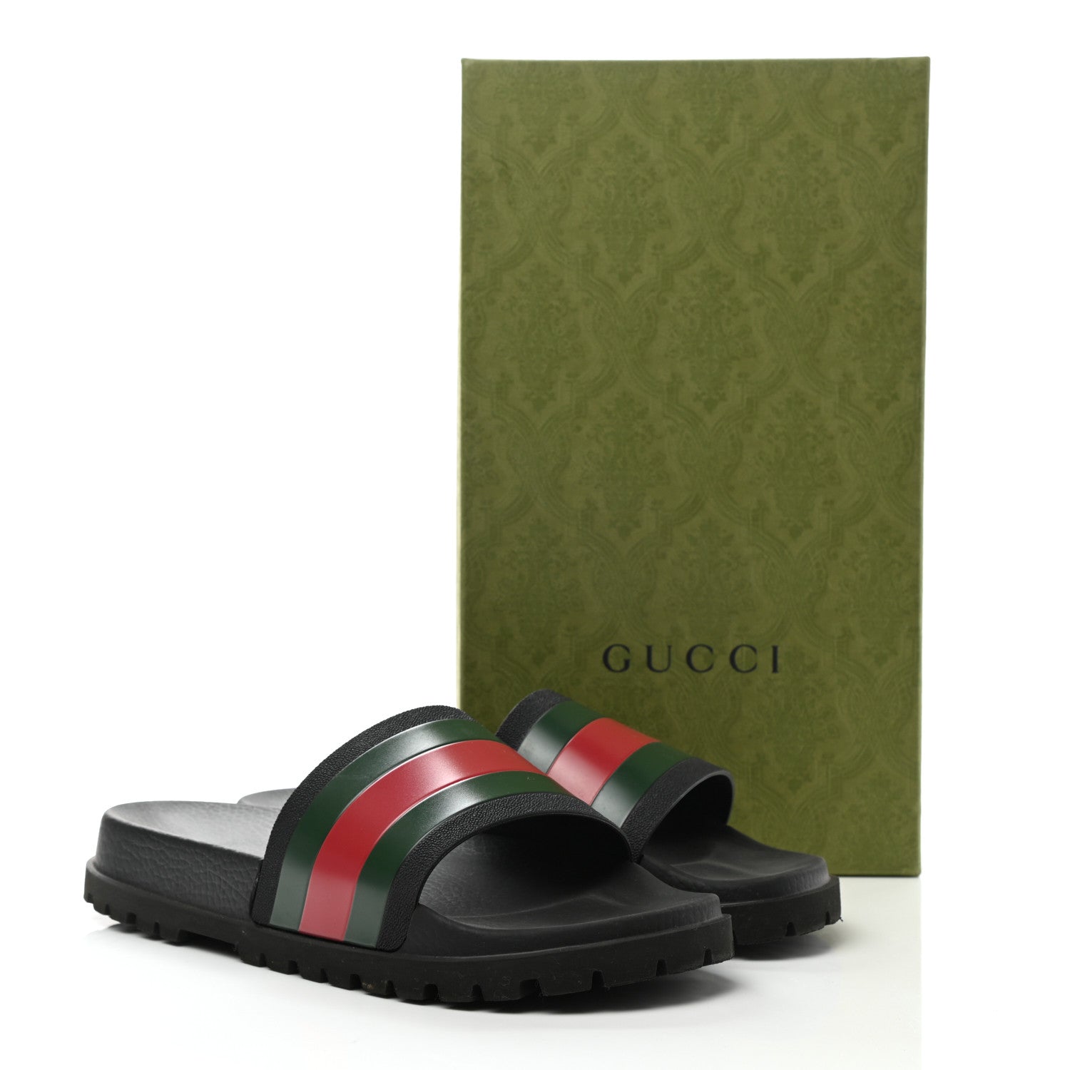 Gucci Rubber Web Mens Lug Sole Slide Sandals 9 Black Green Red 8 of 8