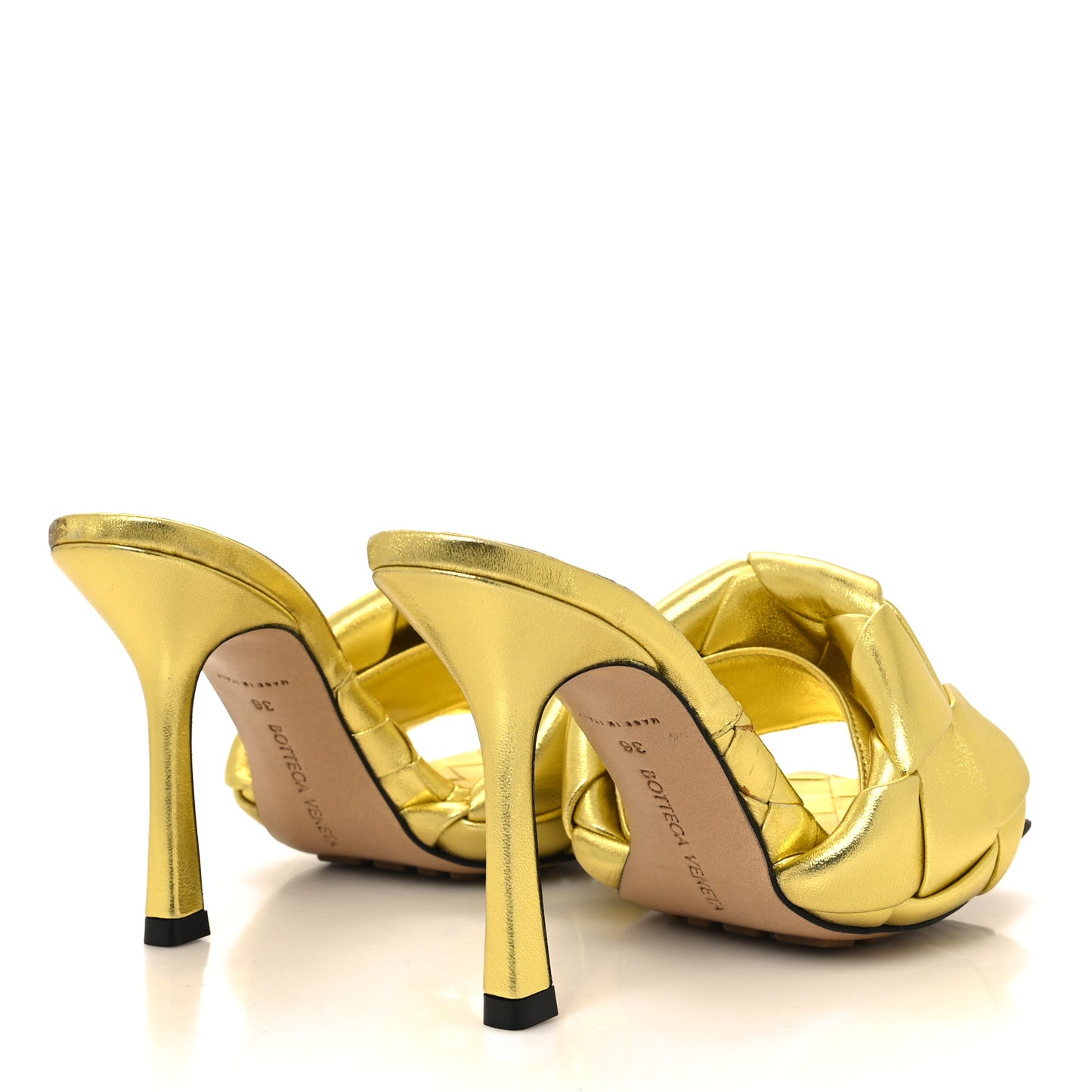 Metallic Nappa Maxi Reflection Weave Lido 90mm Mule Sandals 36 Gold