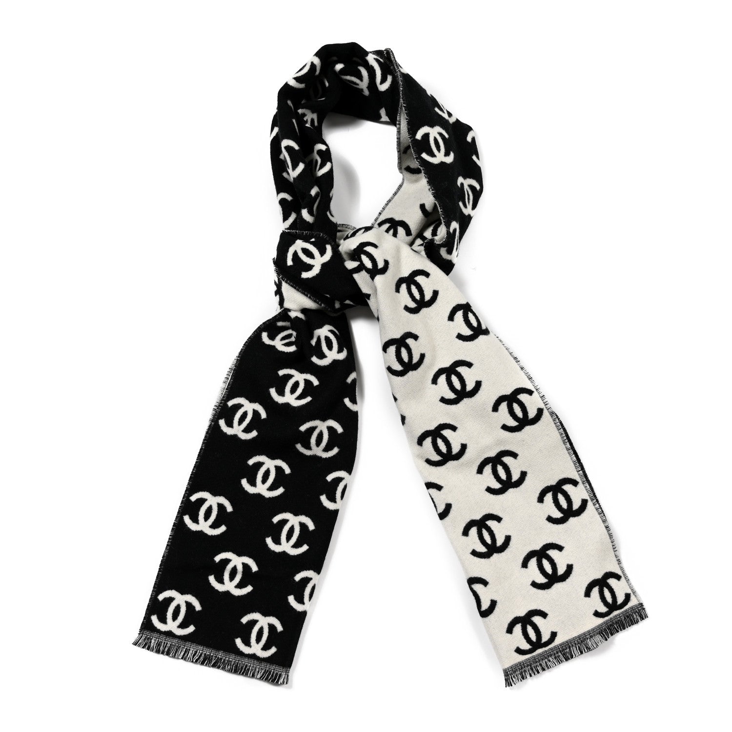 Chanel Wool Cashmere CC Scarf Black White 1 of 3