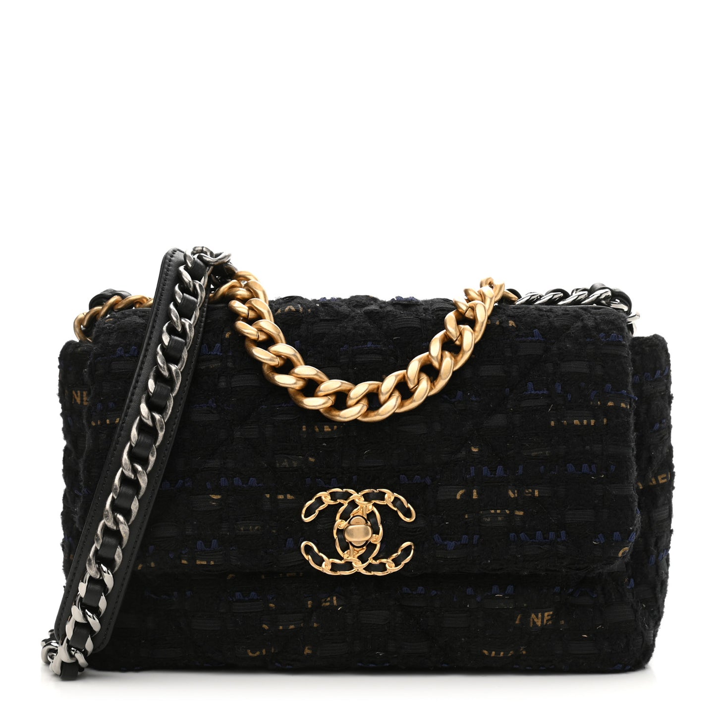 Tweed Quilted Medium Chanel 19 Flap Black Navy Gold