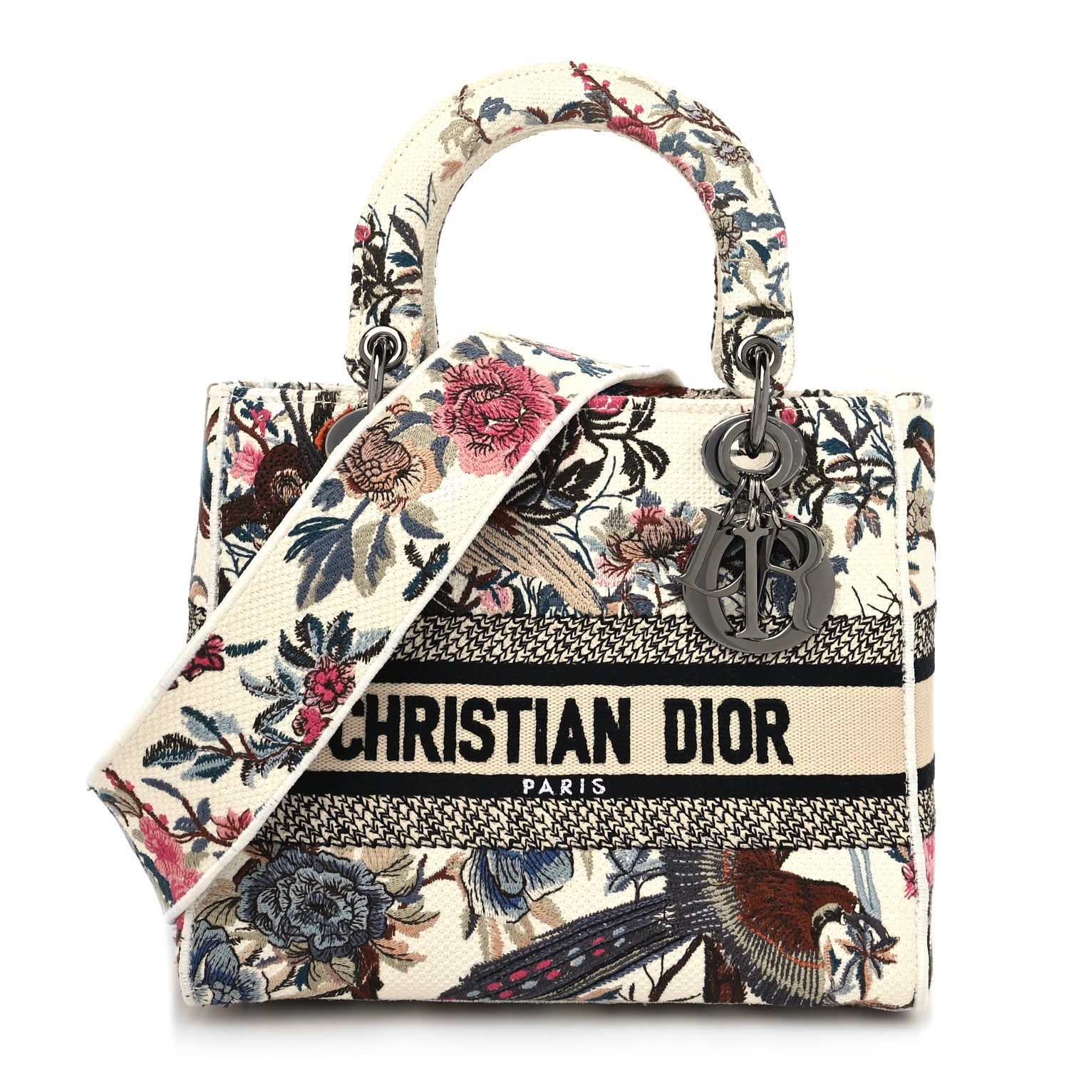 Christian Dior Canvas Embroidered Jardin D'Hive Medium Lady D-Lite Ecru Multicolor 1 of 9