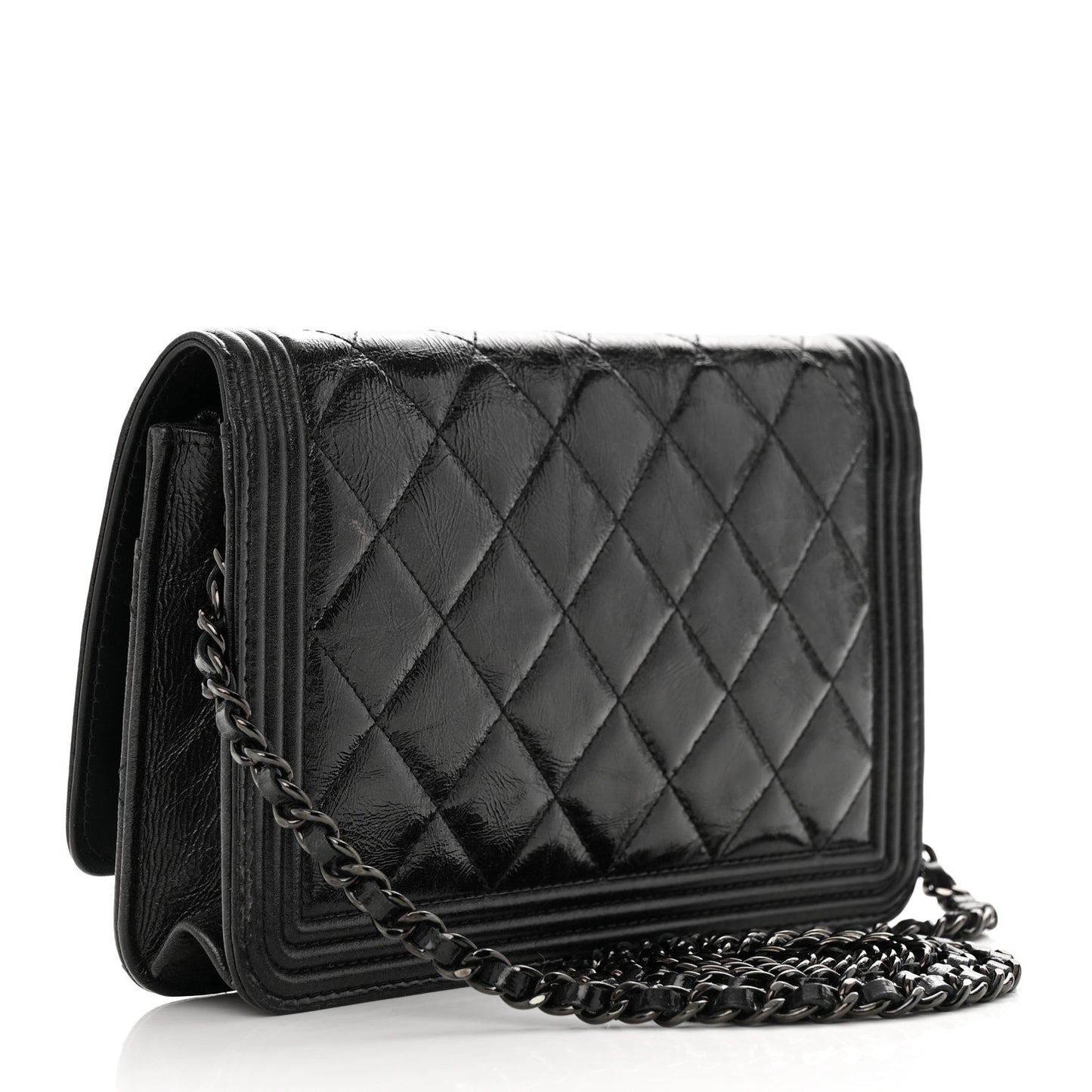 Shiny Aged Calfskin Quilted Boy Wallet On Chain WOC So Black