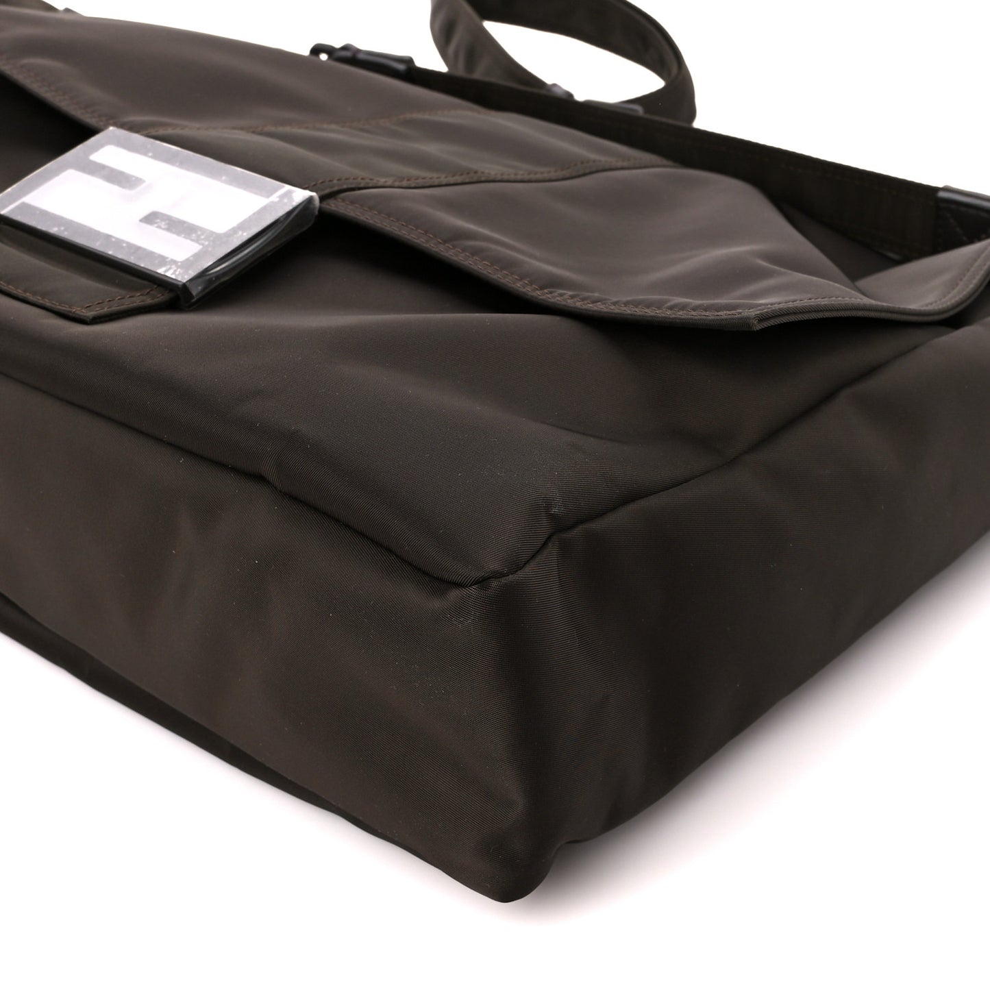 Econyl Nylon Cuoio Romano Monochrome Large Baguette Messenger Bag Ebano