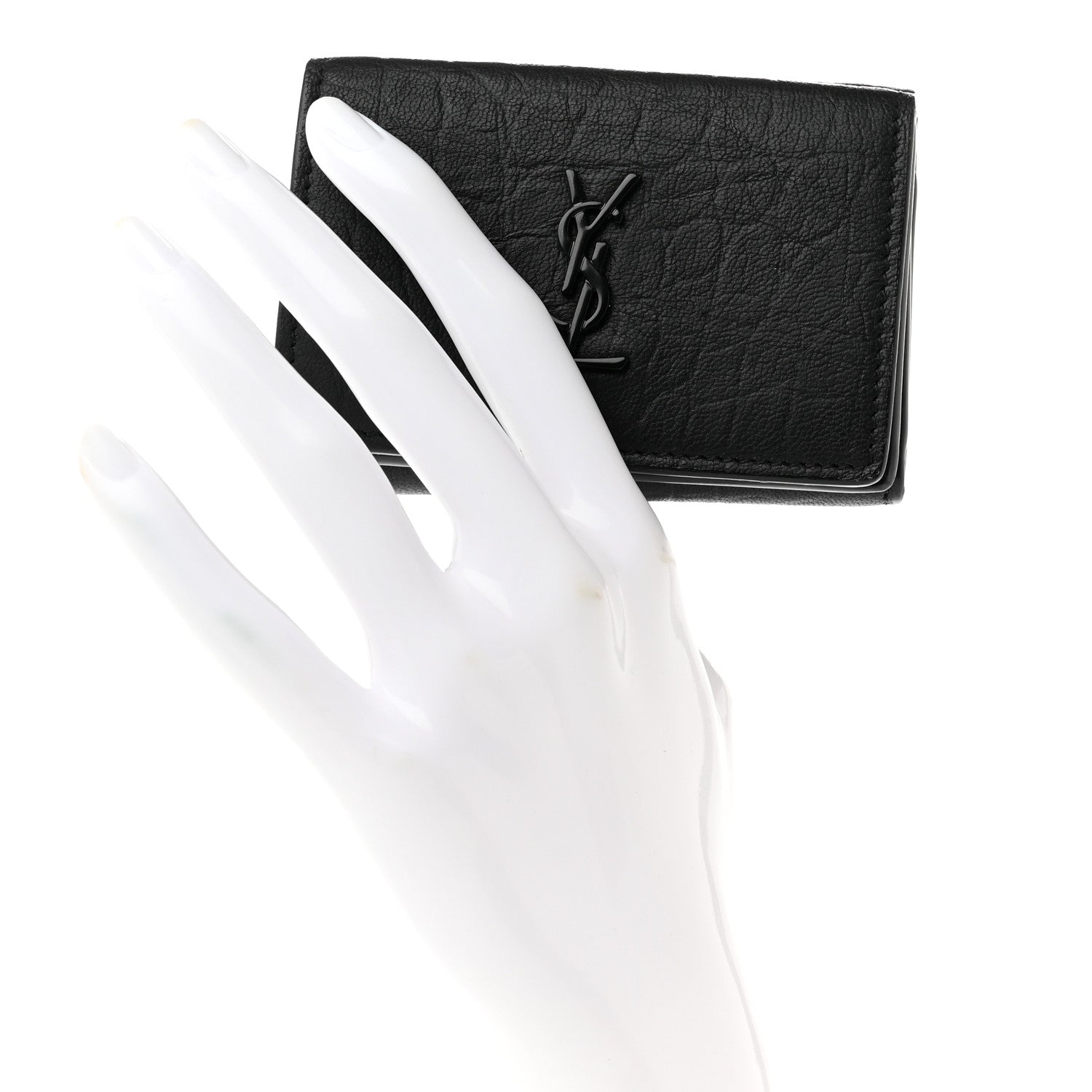 Saint Laurent Calfskin Crocodile Embossed Monogram Compact Tri Fold Black 2 of 8