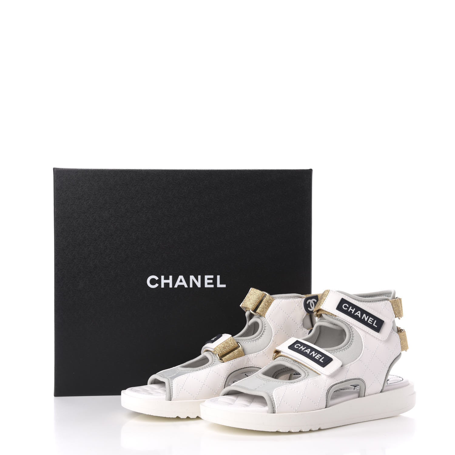 Chanel Goatskin Fabric Gladiator Sandals 39 White Light Grey Navy Blue 9 of 9