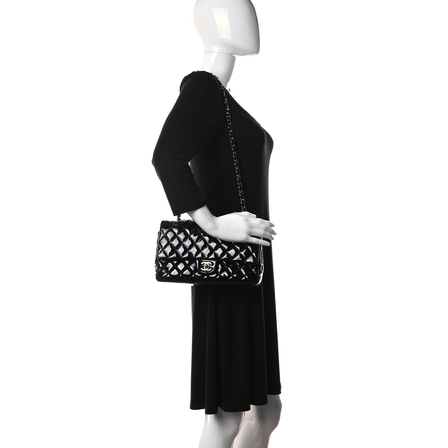 Patent Quilted Medium Double Flap Black