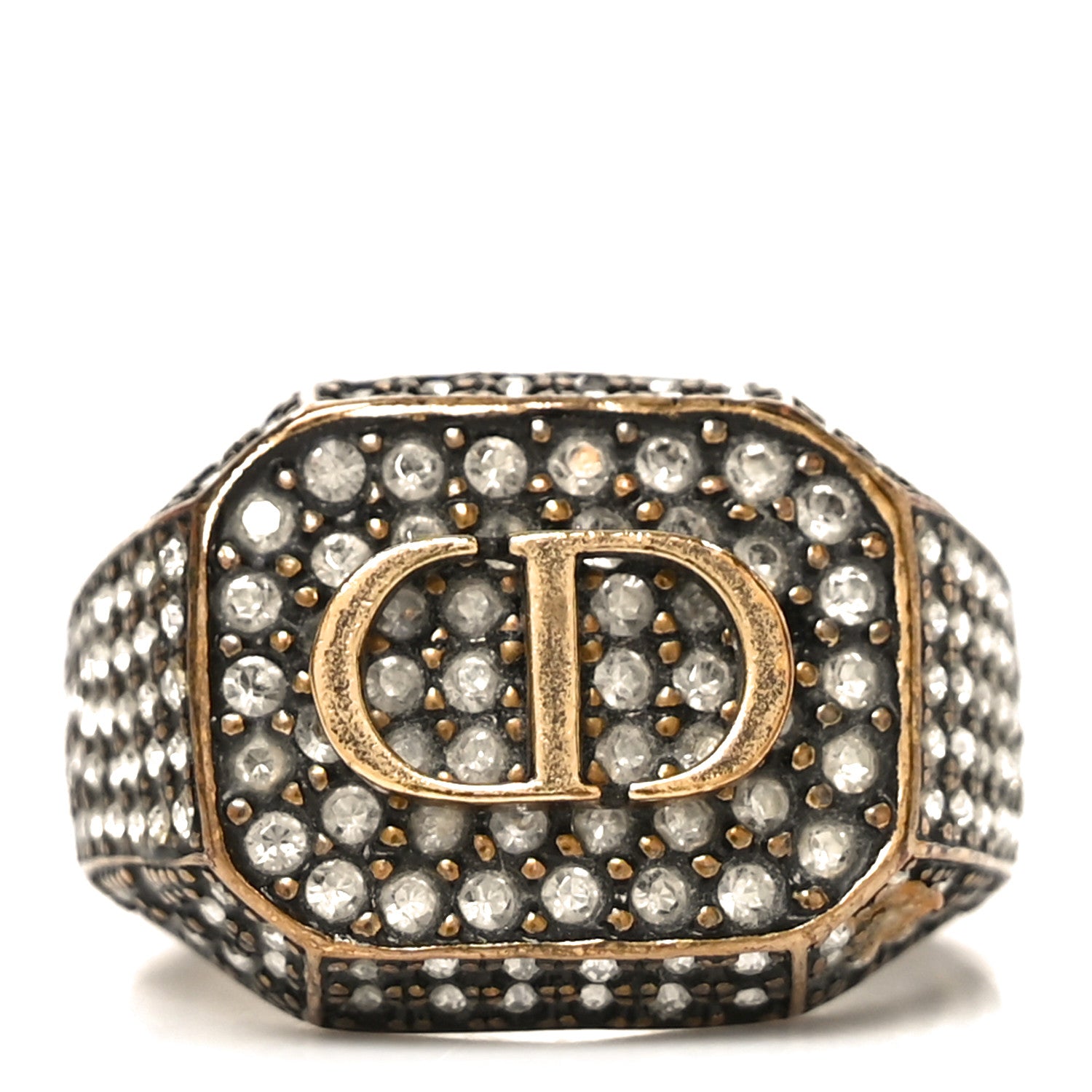 Christian Dior Metal Crystal CD Signet Ring L Gold 1838995
