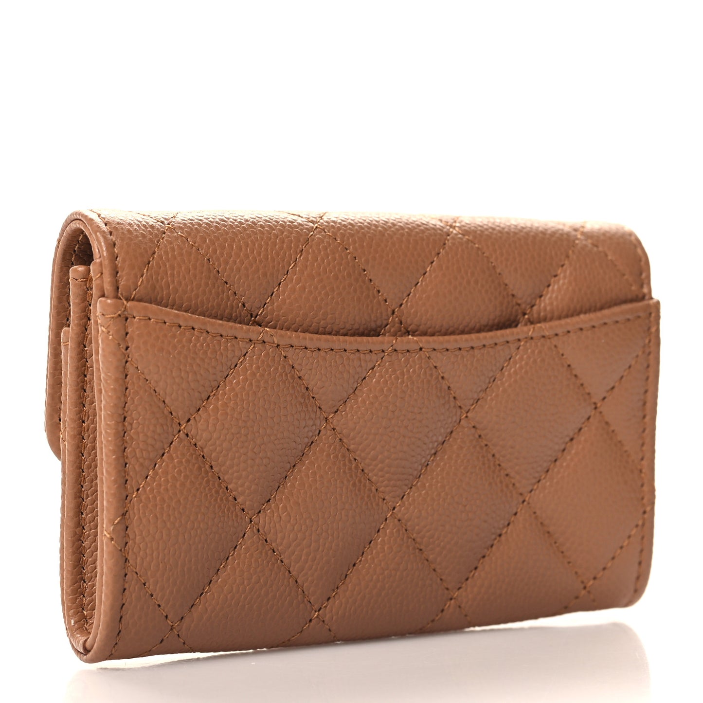 Caviar Quilted Flap Card Holder Wallet Light Brown